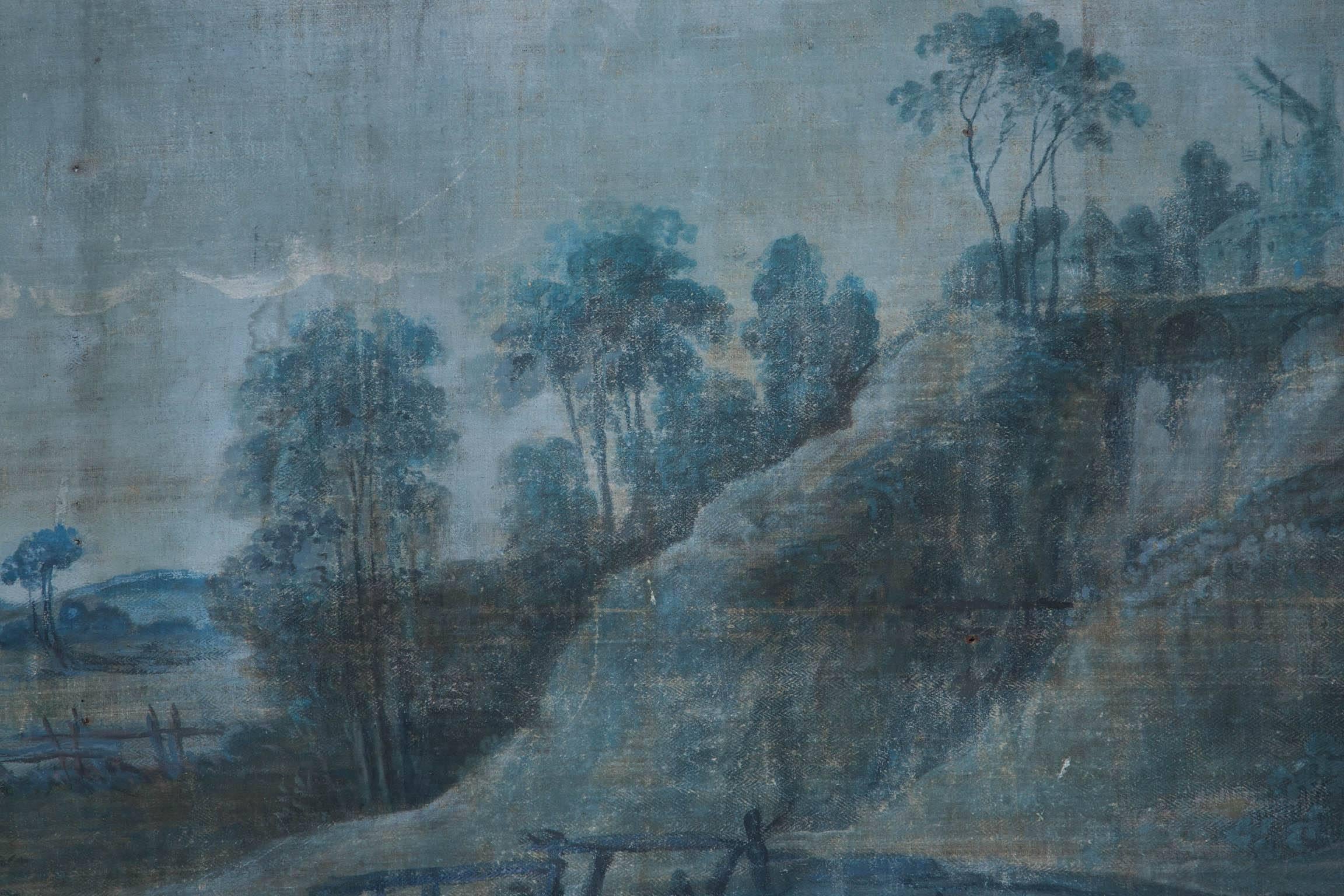 Linen Large 18th Century French 'Toile Peinte' Blue Grisaille Painting, One of Three