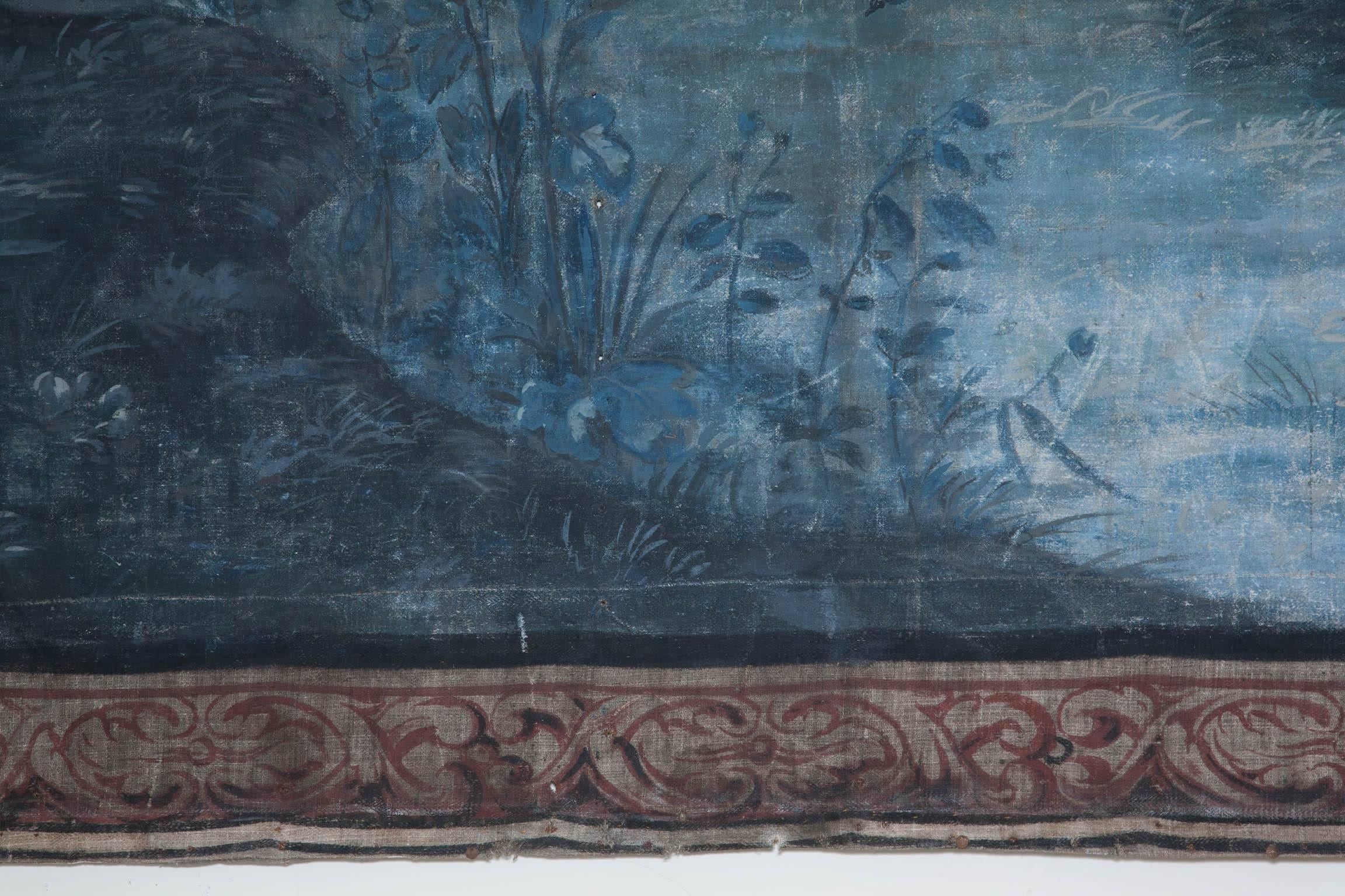 Large 18th Century French 'Toile Peinte' Blue Grisaille Painting, One of Three 1