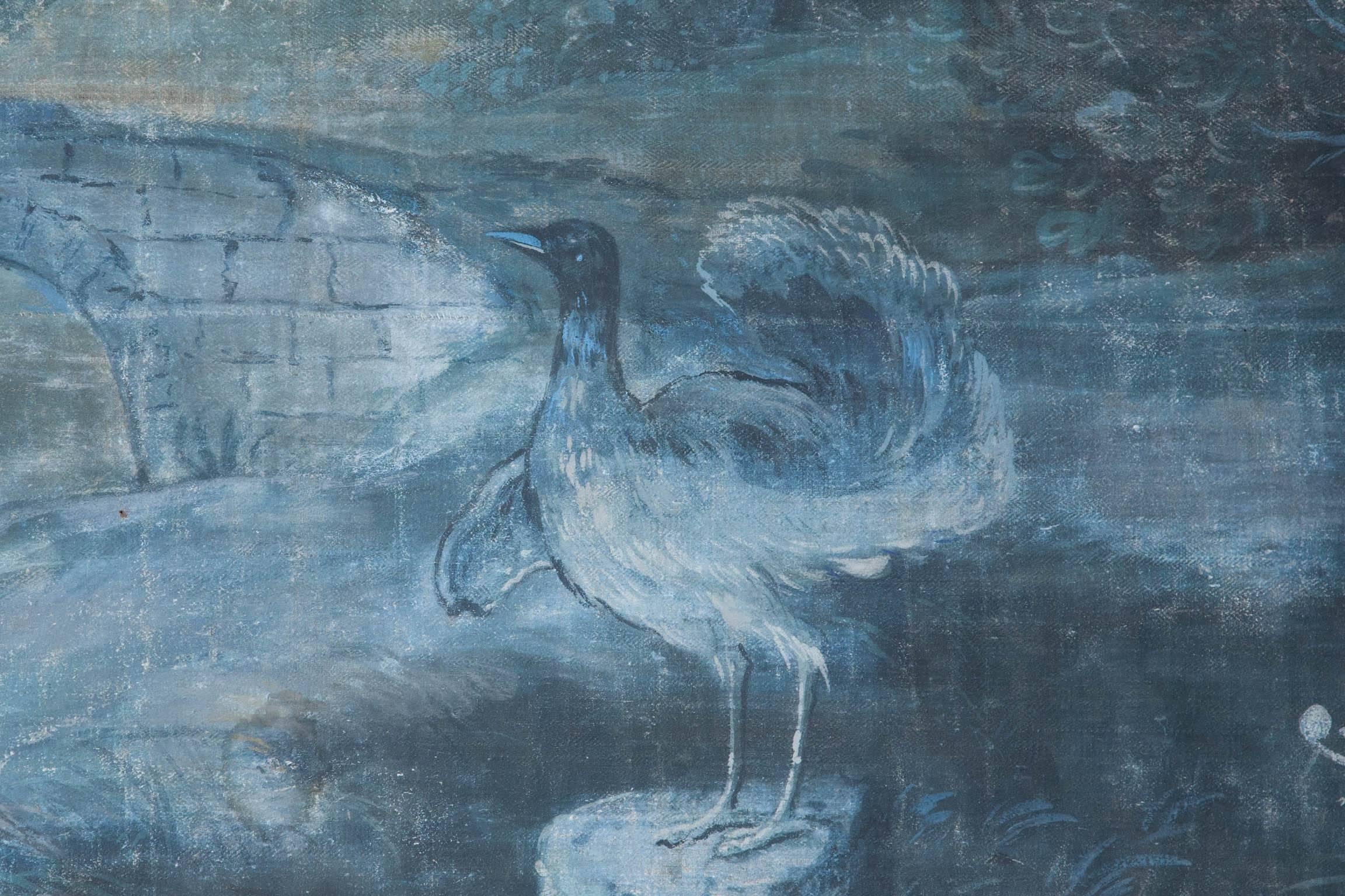 Large 18th Century French 'Toile Peinte' Blue Grisaille Painting, One of Three 2