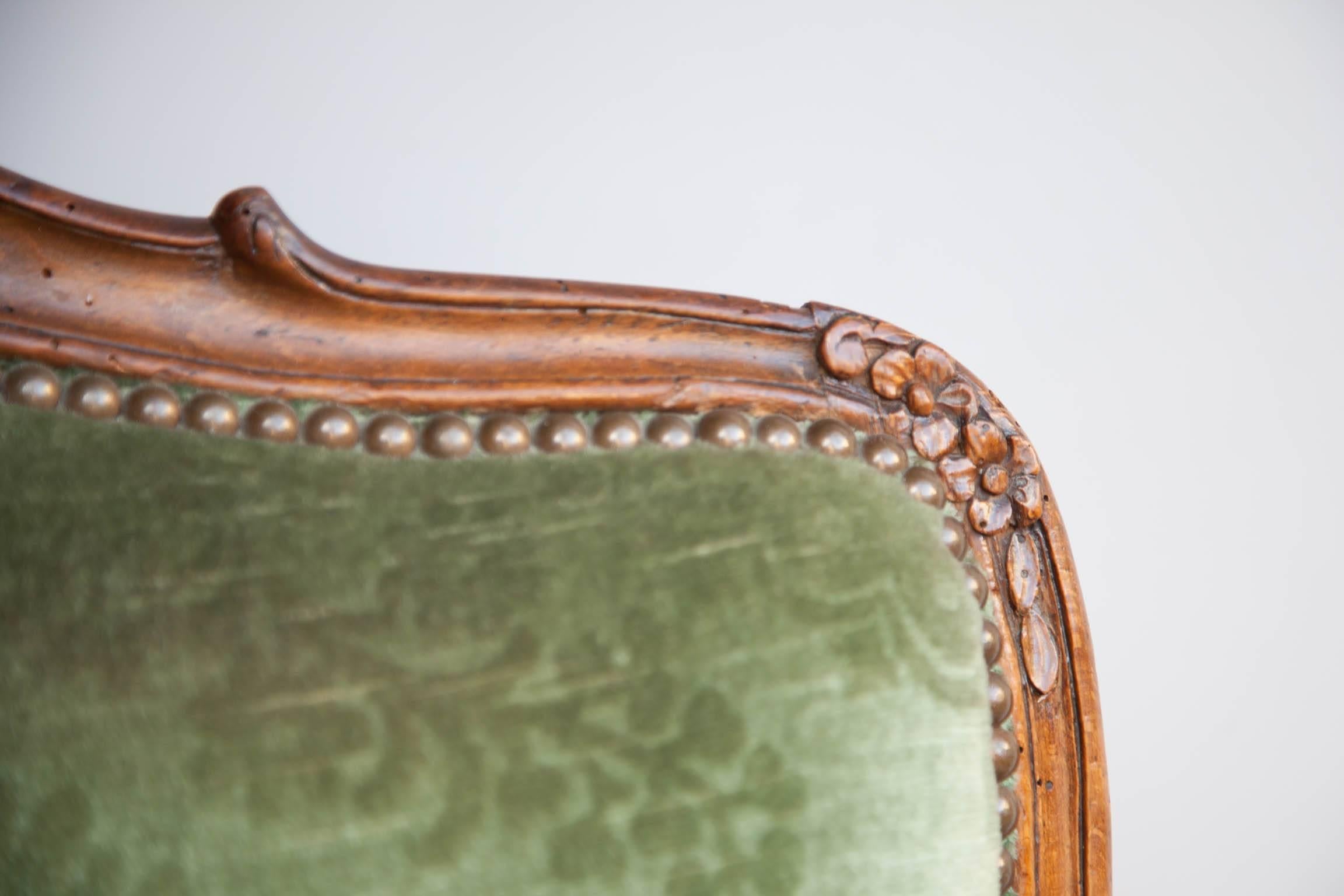 Velvet Carved Louis XV Walnut Fauteuil or Open Armchair, Mid-18th Century For Sale