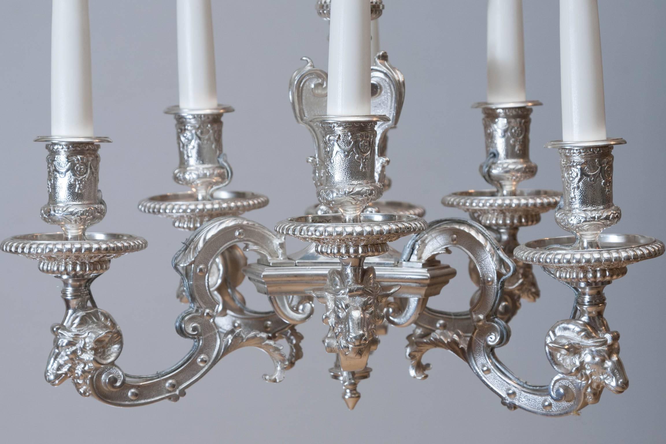 Louis XIV Small 19th Century Silvered Bronze Chandelier with Six Candles For Sale
