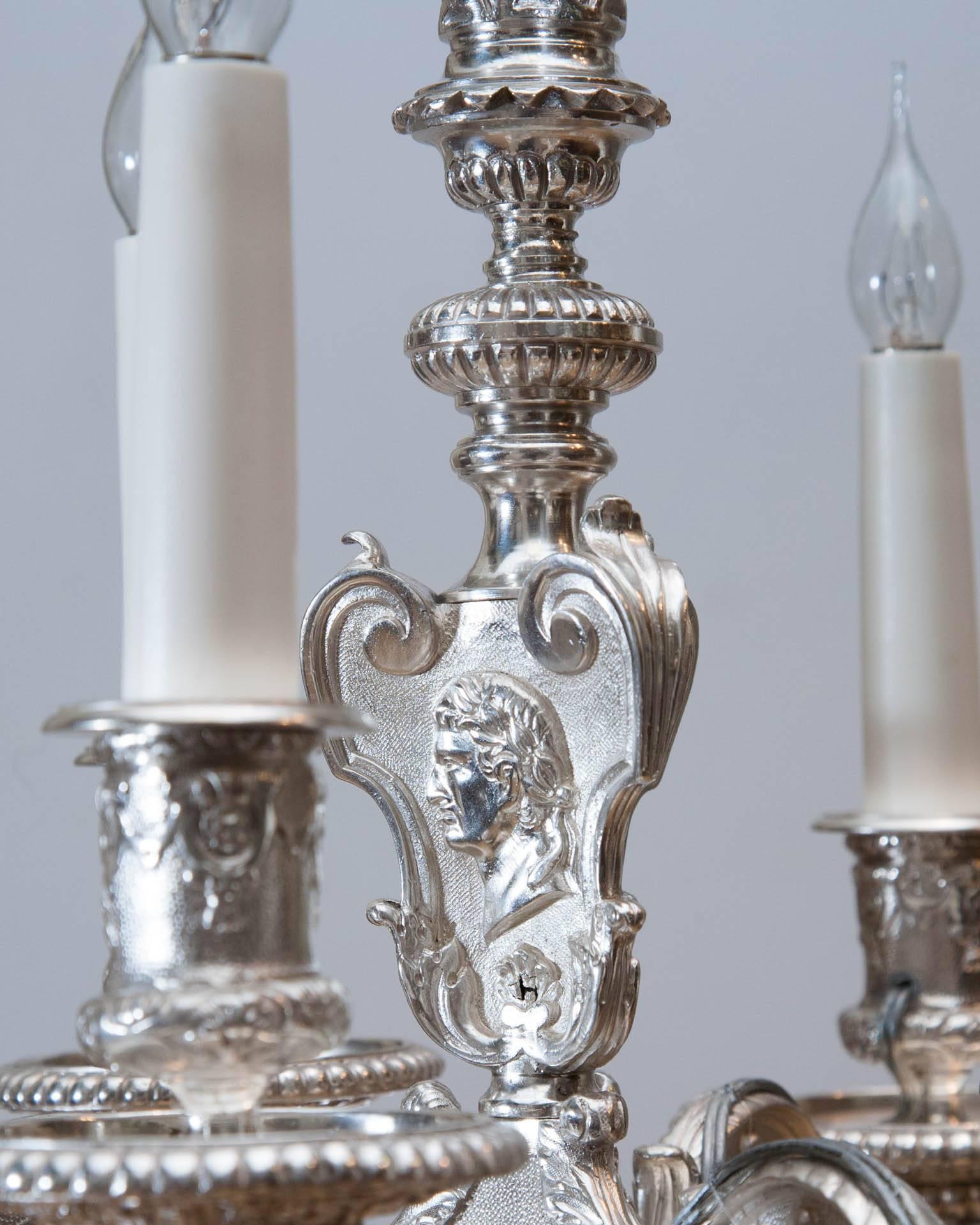 Small 19th Century Silvered Bronze Chandelier with Six Candles In Good Condition For Sale In London, GB