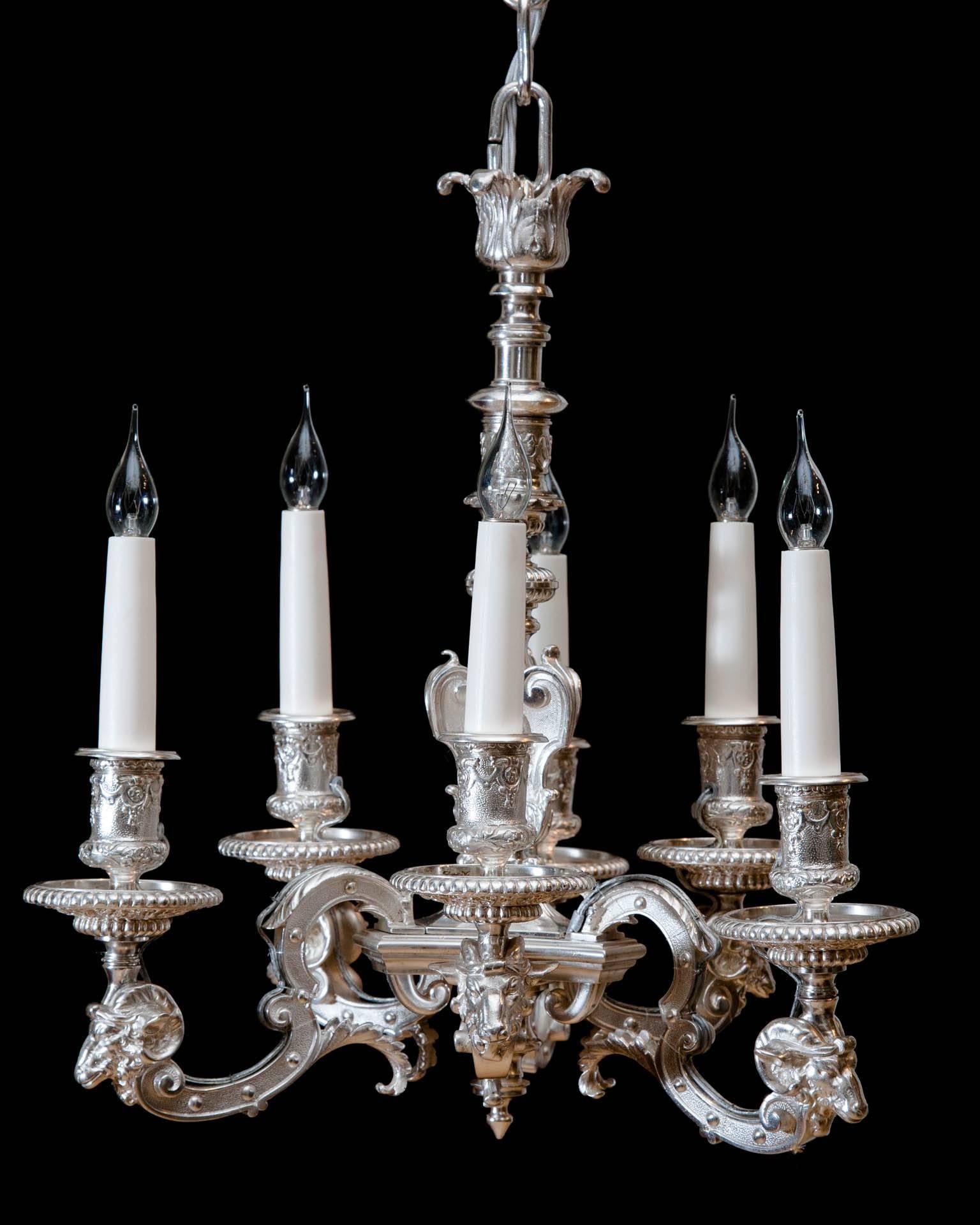 Small 19th Century Silvered Bronze Chandelier with Six Candles For Sale 4