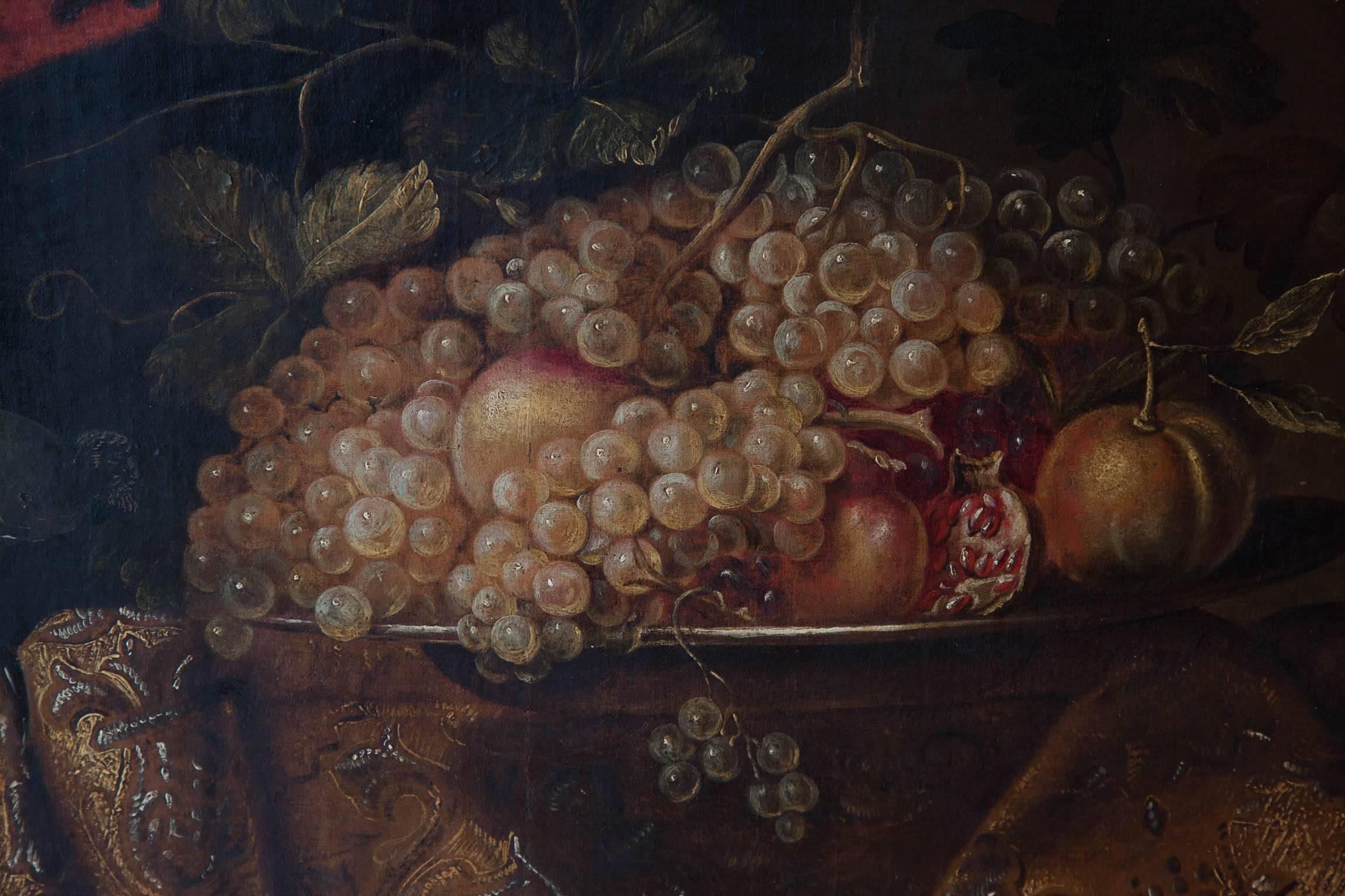 Louis XIV 17th Century Oil on Canvas, Still Life with Grapes, Pomegranates and Peaches For Sale