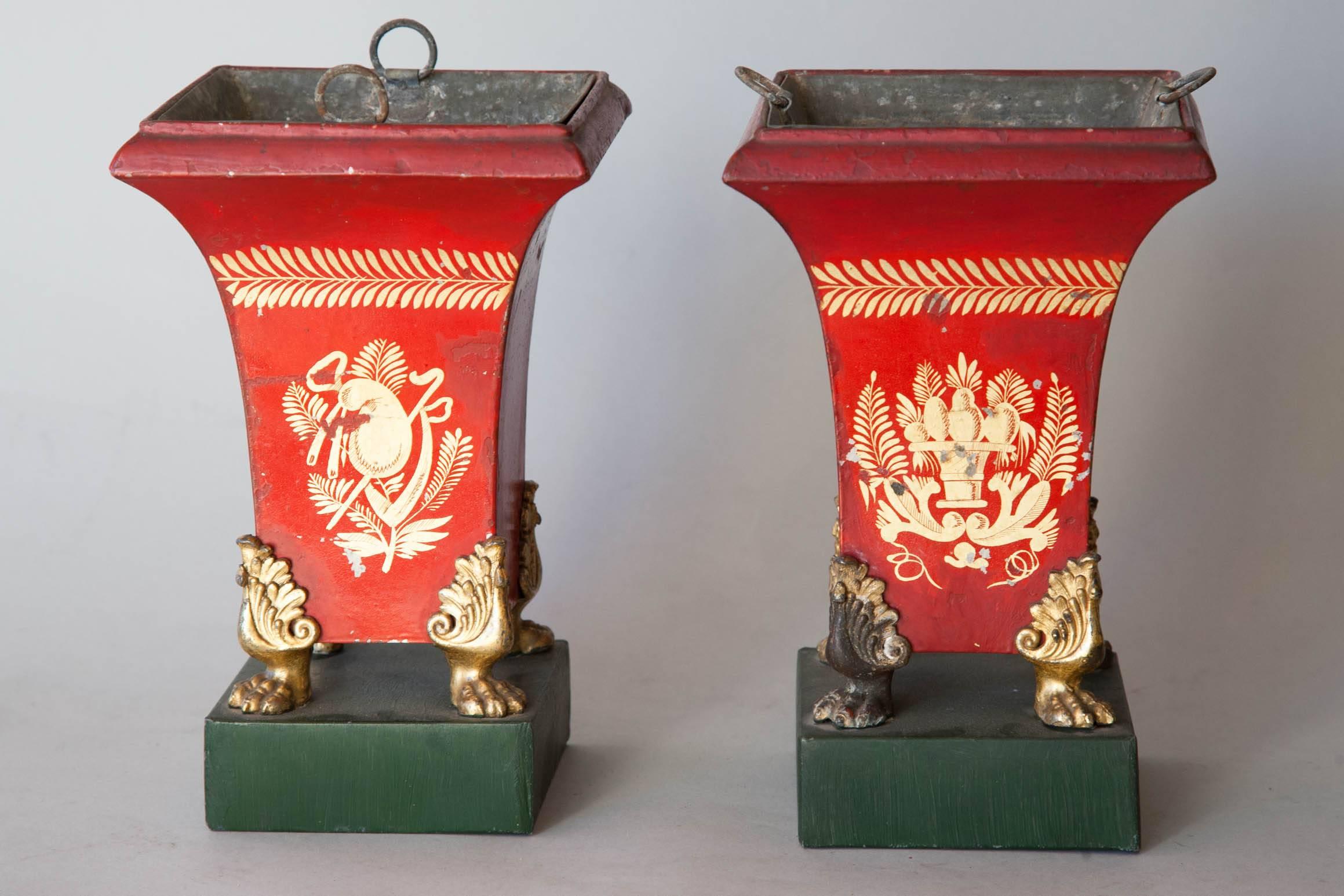 Ormolu Pair of Small Early 19th Century Painted and Gilt Tole Ornamental Jardiniere For Sale