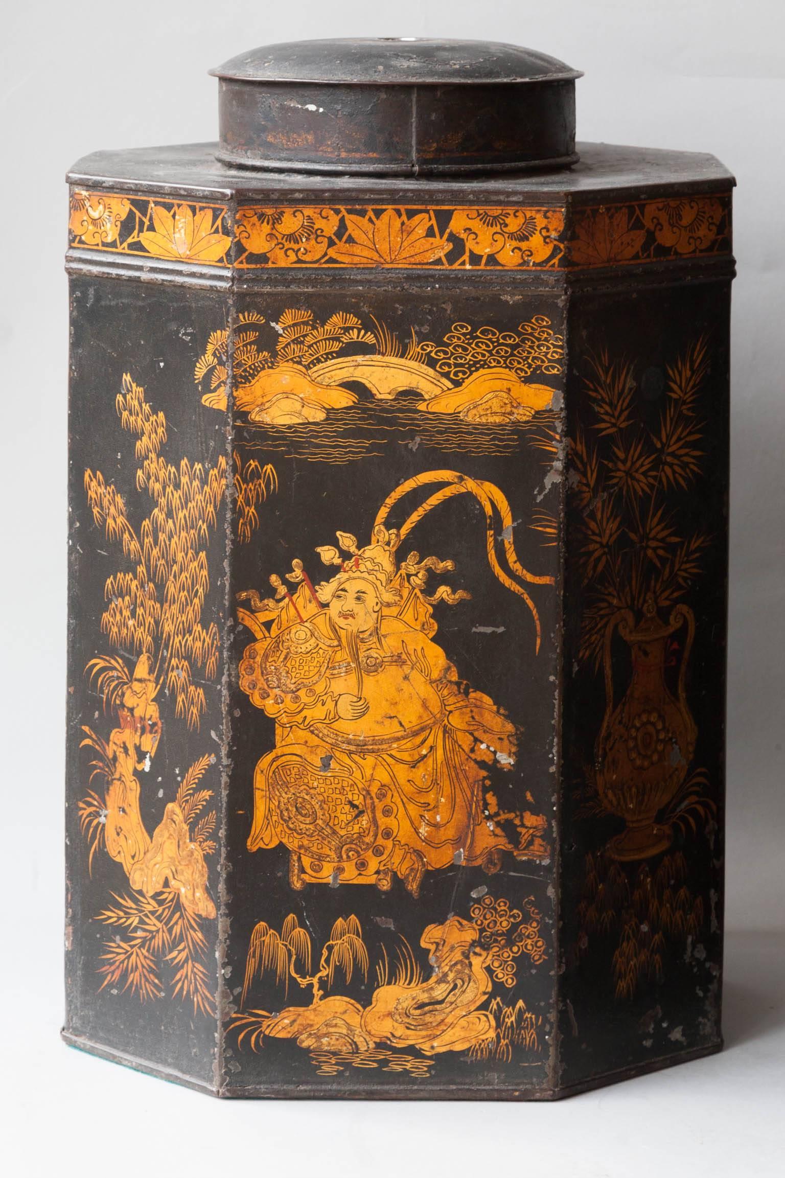 Each painted black with vibrant gold decoration of oriental gentlemen on the frontal, both in an extensive landscape led with trees, urns, bridges, rocks and owers. Labelled on the back 'W.B Dewson, maker 40 St. Paul's Square Liverpool'.