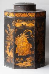 Pair of Octagonal Regency Tole Tea Canisters and Covers in the Chinoiserie Style