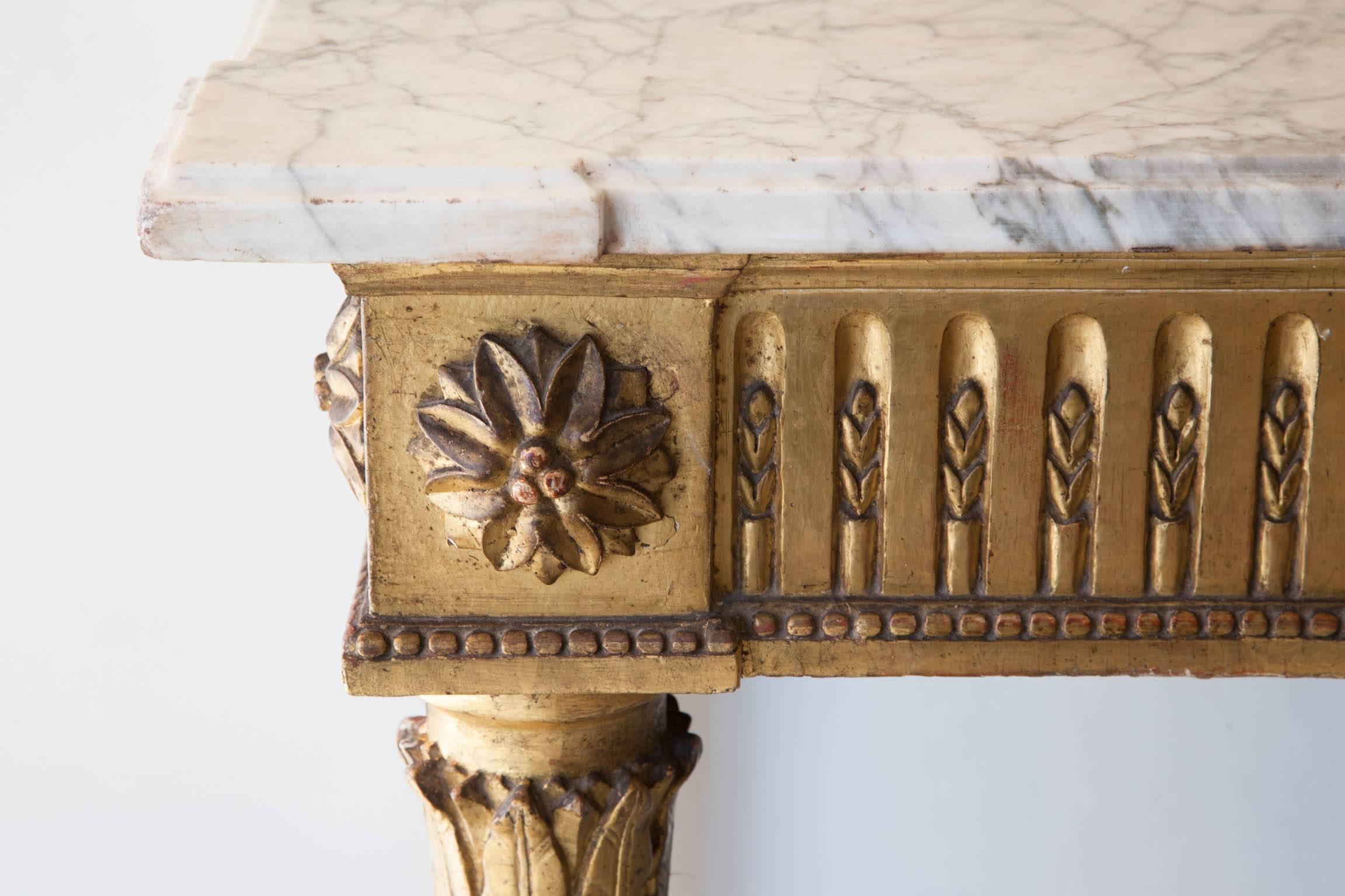 Neoclassical Louis XVI Giltwood Console Table with White Veined Marble Top, Italy, circa 1780