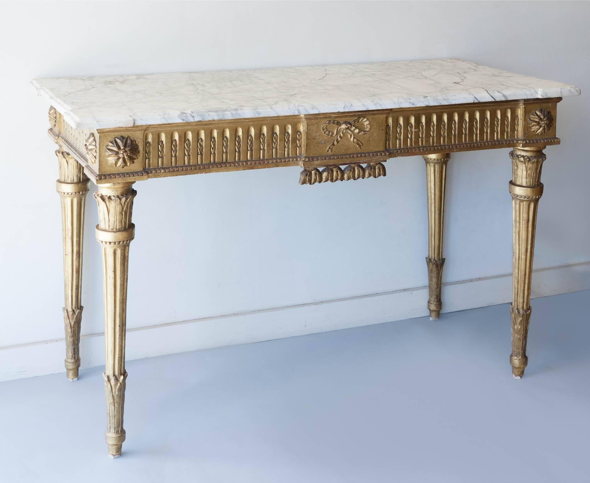 Louis XVI Giltwood Console Table with White Veined Marble Top, Italy, circa 1780 3