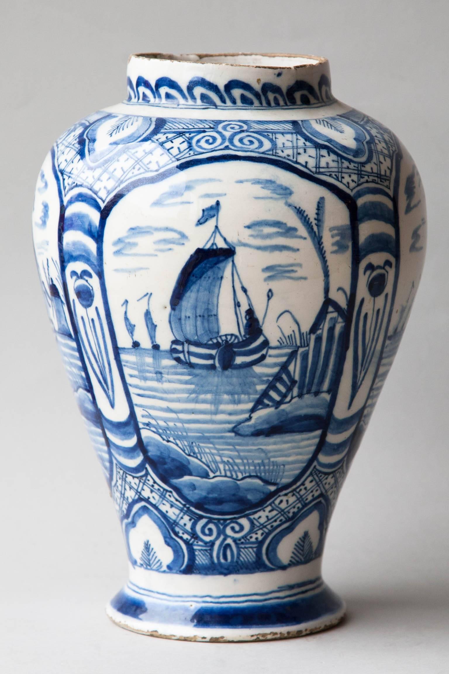 Louis XVI 18th Century Blue and White Faïence Baluster Vase with Sea Scapes For Sale