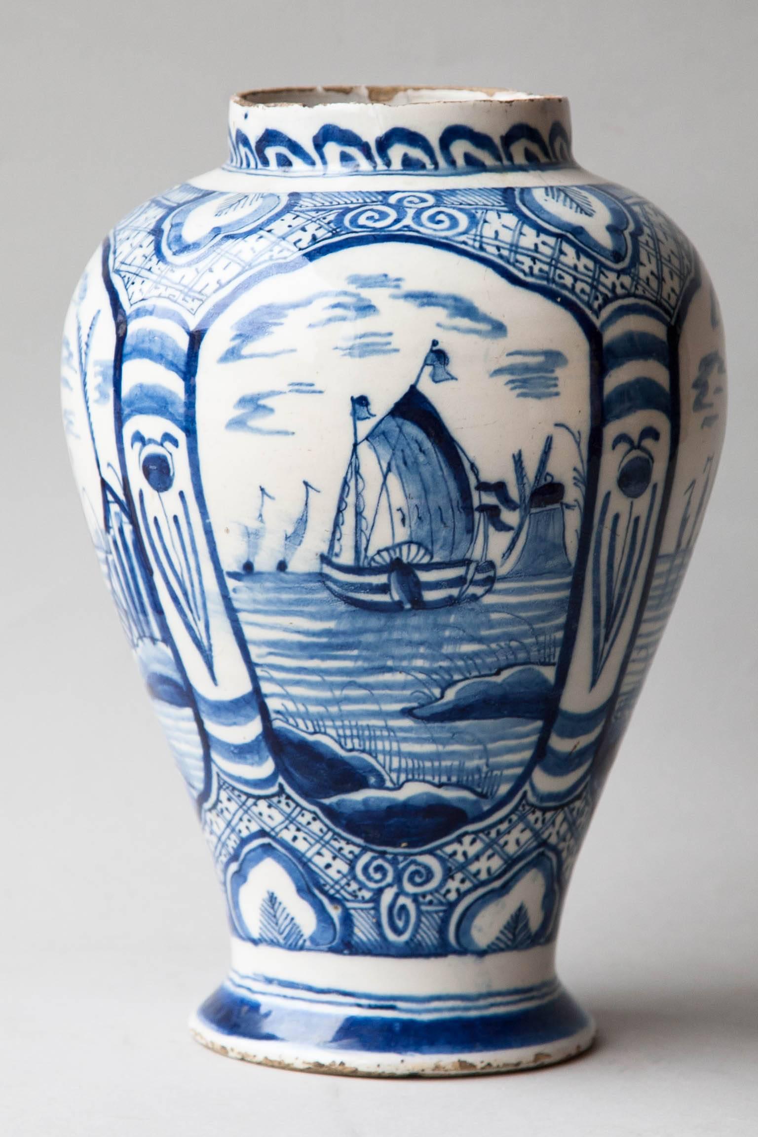 Dutch 18th Century Blue and White Faïence Baluster Vase with Sea Scapes For Sale