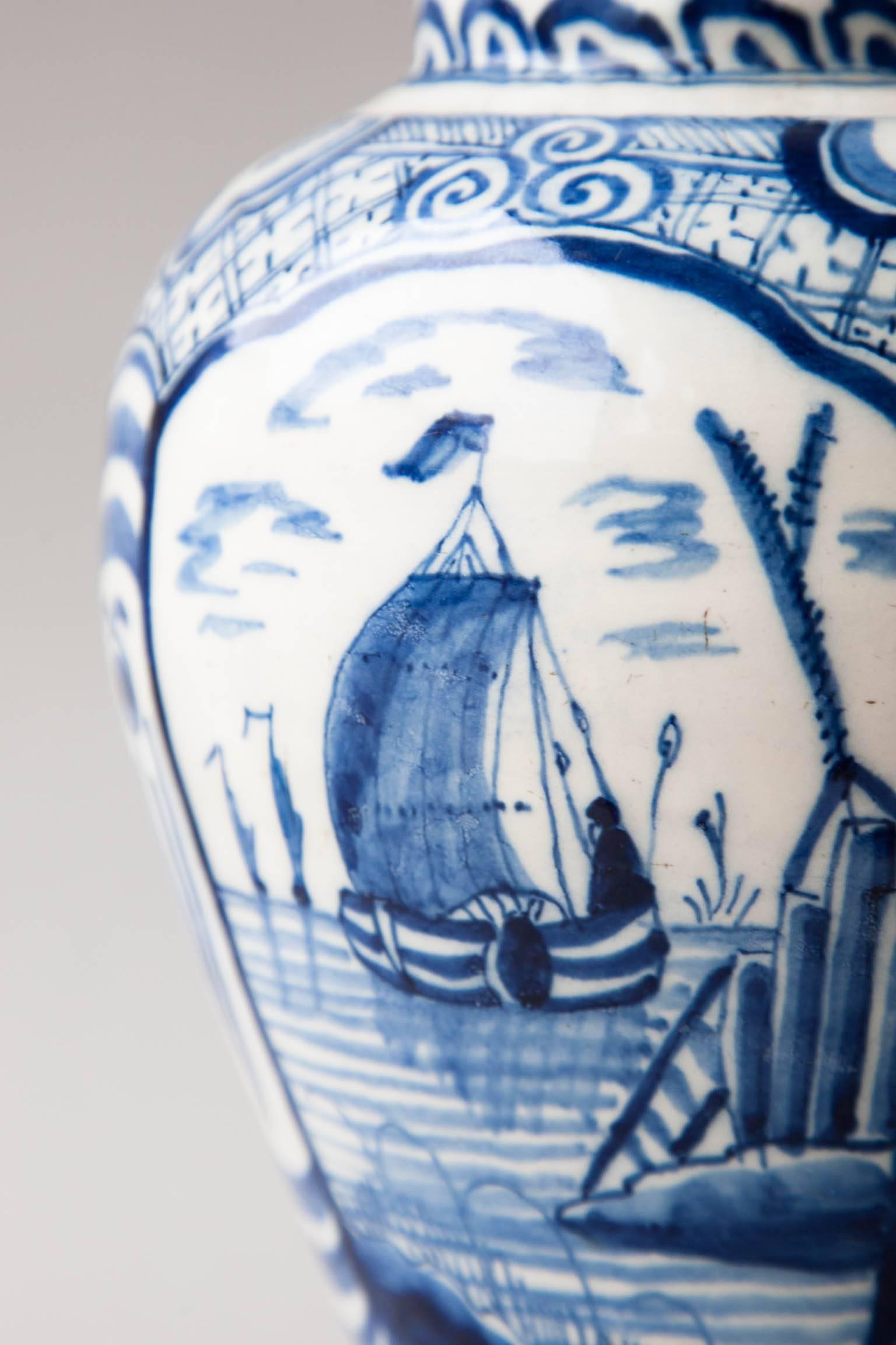 Faience 18th Century Blue and White Faïence Baluster Vase with Sea Scapes For Sale