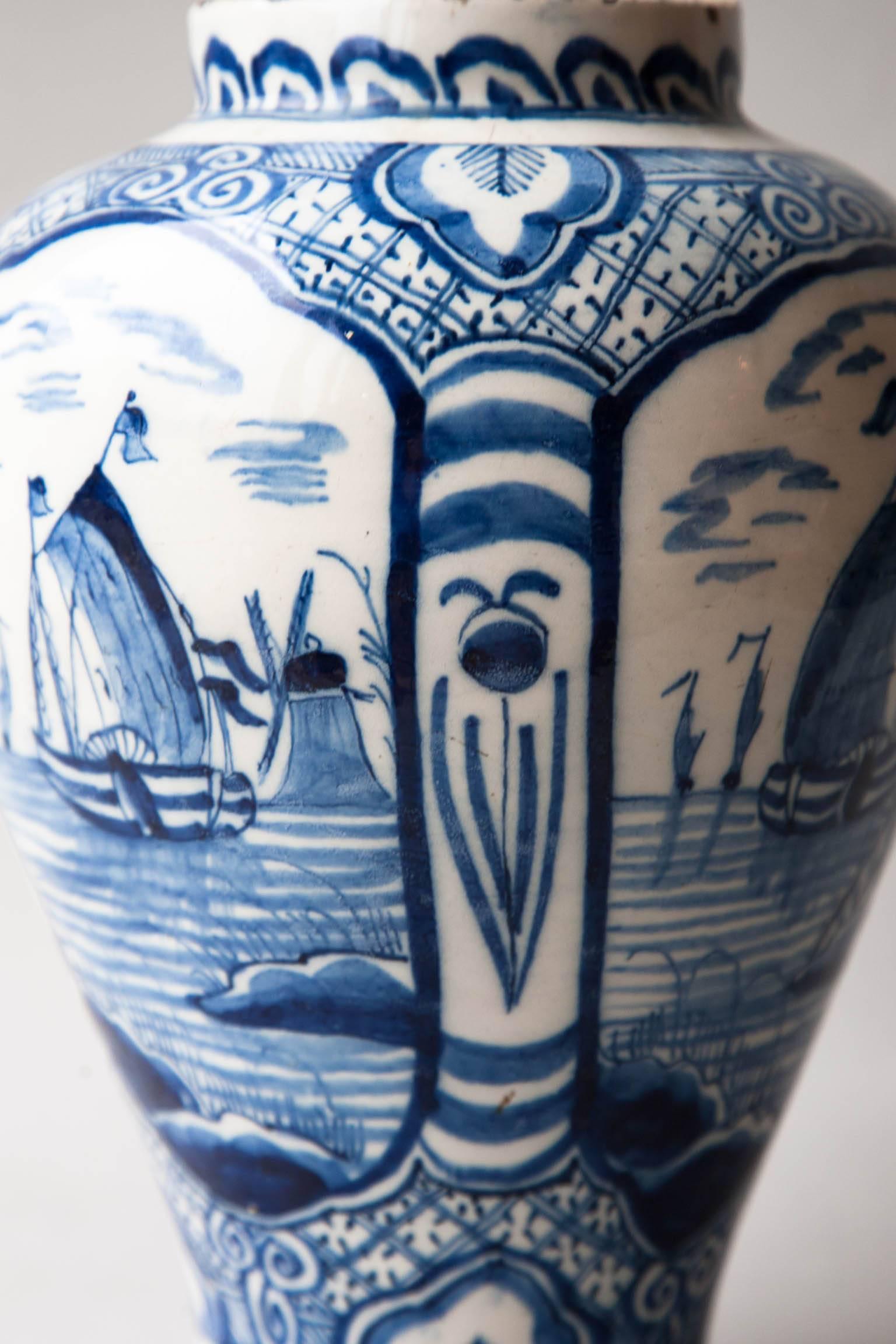 18th Century Blue and White Faïence Baluster Vase with Sea Scapes For Sale 2