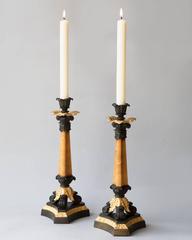 Pair of French Restauration Sienna Marble, Patinated and Gilt Bronze Candlestick