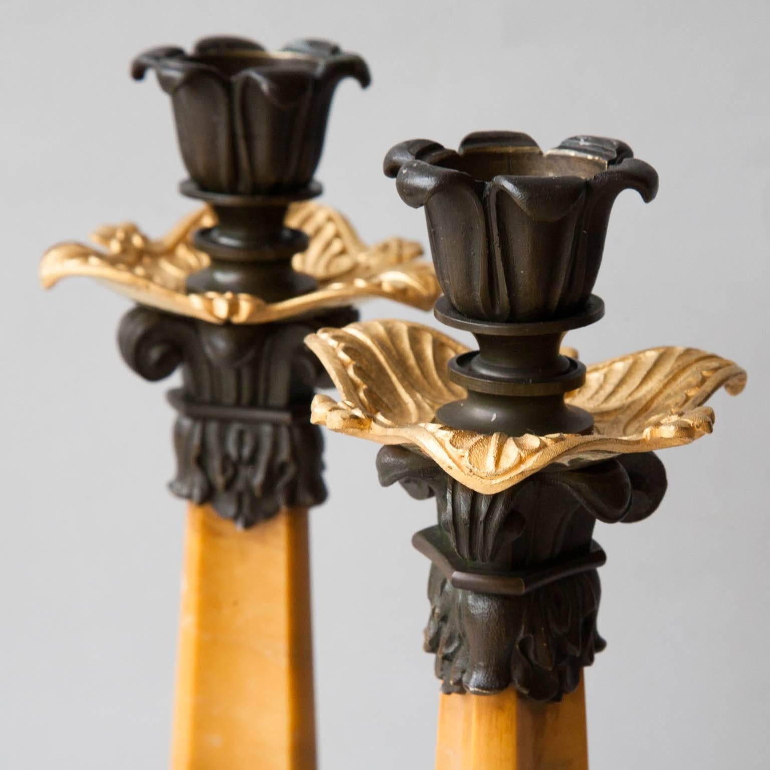 Mid-19th Century Pair of French Restauration Sienna Marble, Patinated and Gilt Bronze Candlestick For Sale