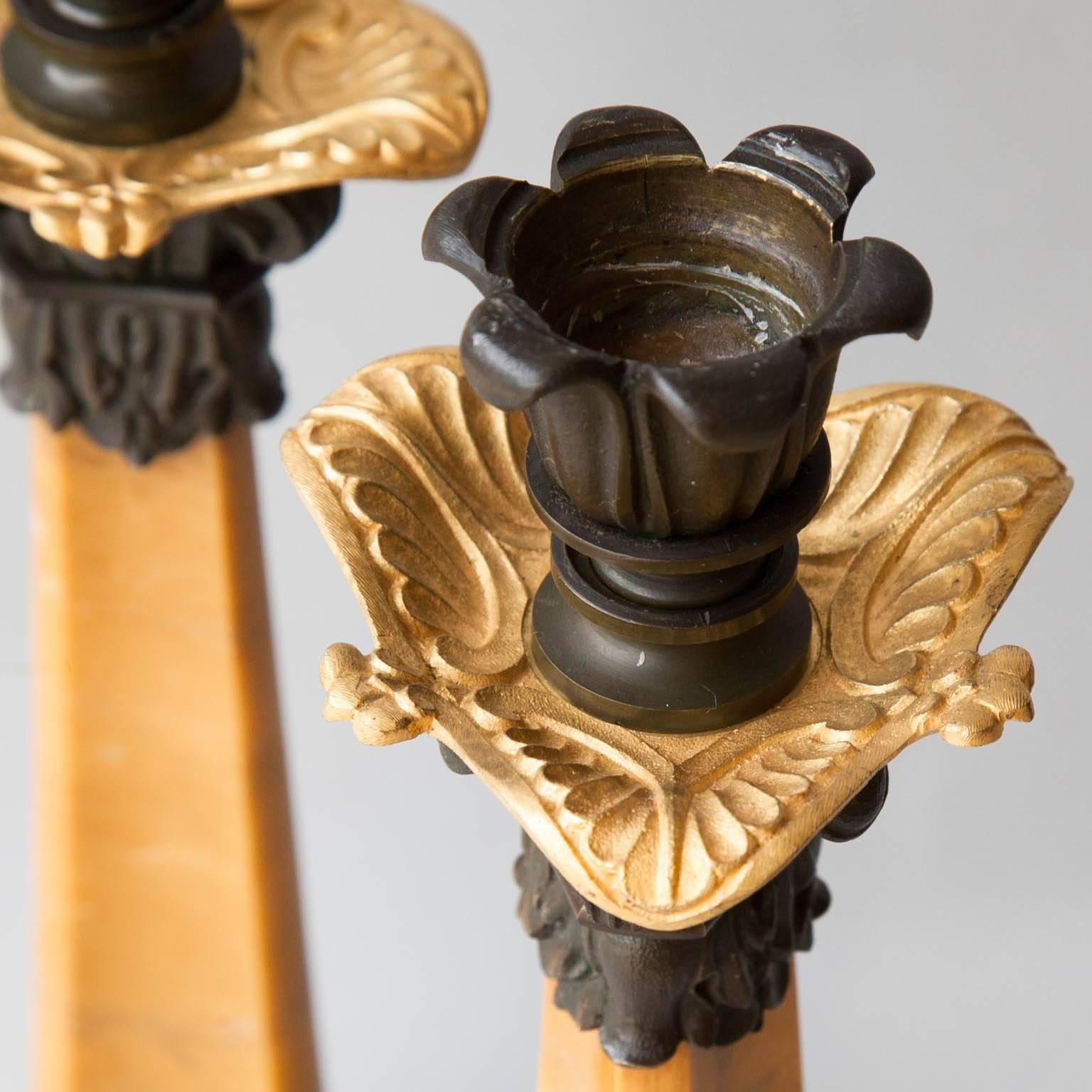 Pair of French Restauration Sienna Marble, Patinated and Gilt Bronze Candlestick For Sale 1