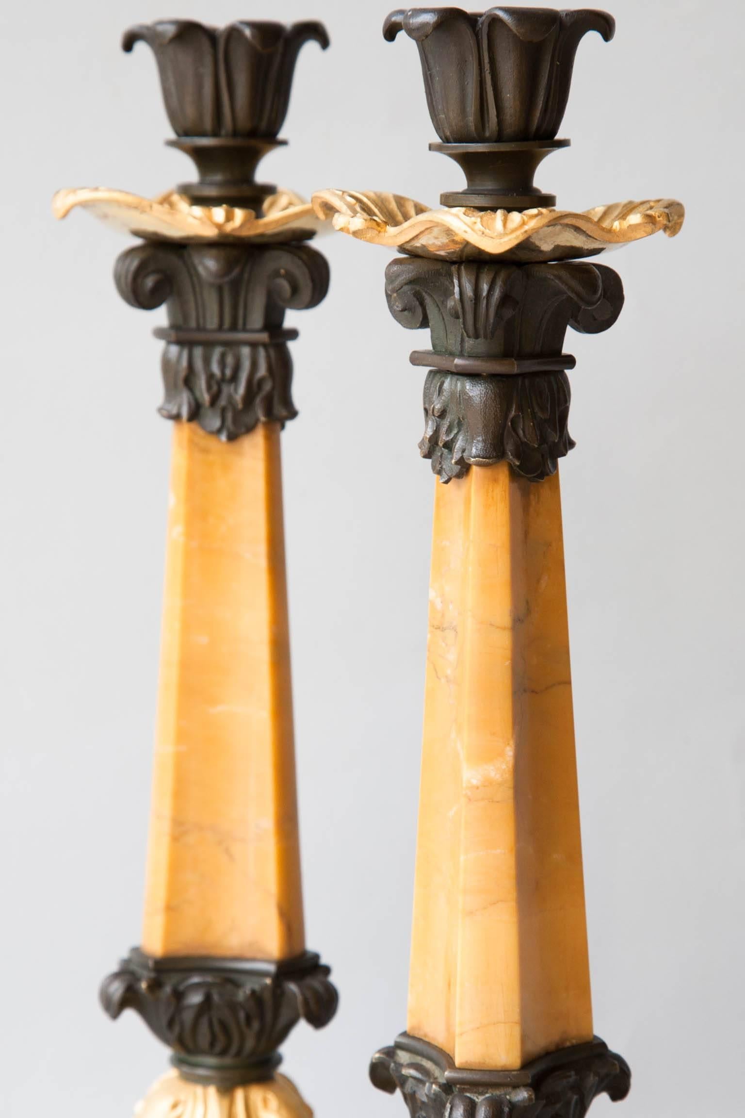 Pair of French Restauration Sienna Marble, Patinated and Gilt Bronze Candlestick For Sale 2
