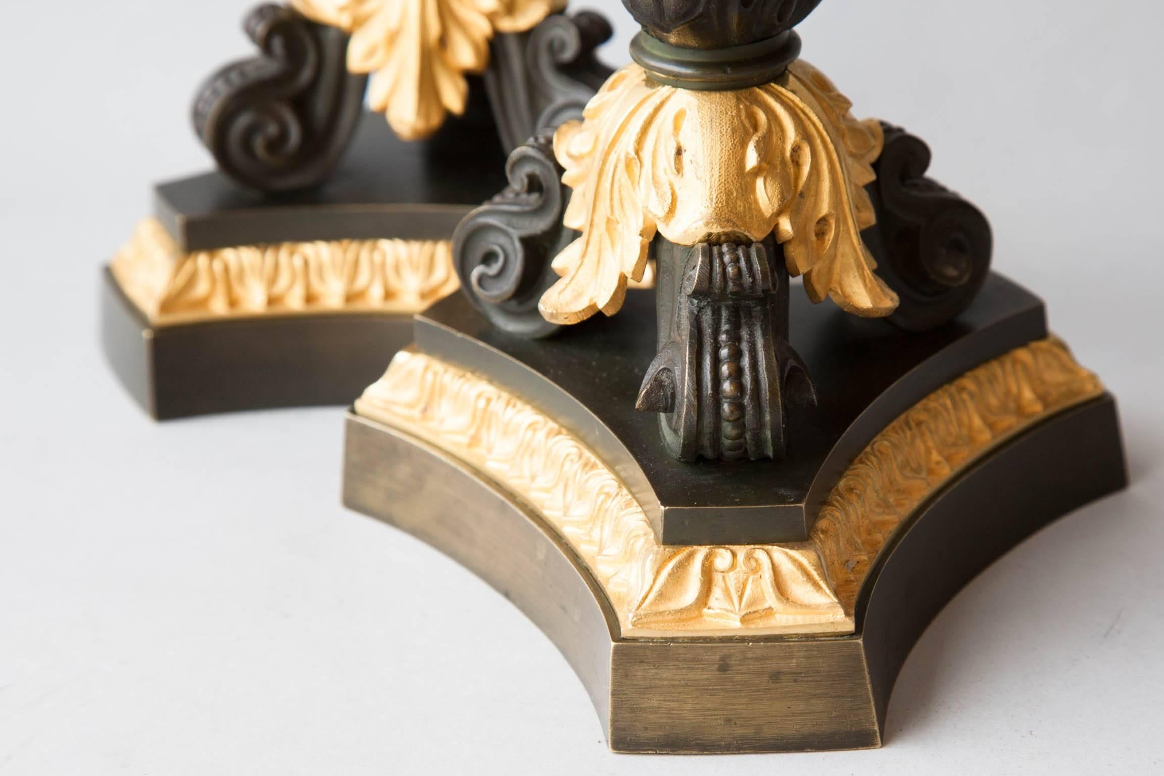 Pair of French Restauration Sienna Marble, Patinated and Gilt Bronze Candlestick For Sale 3