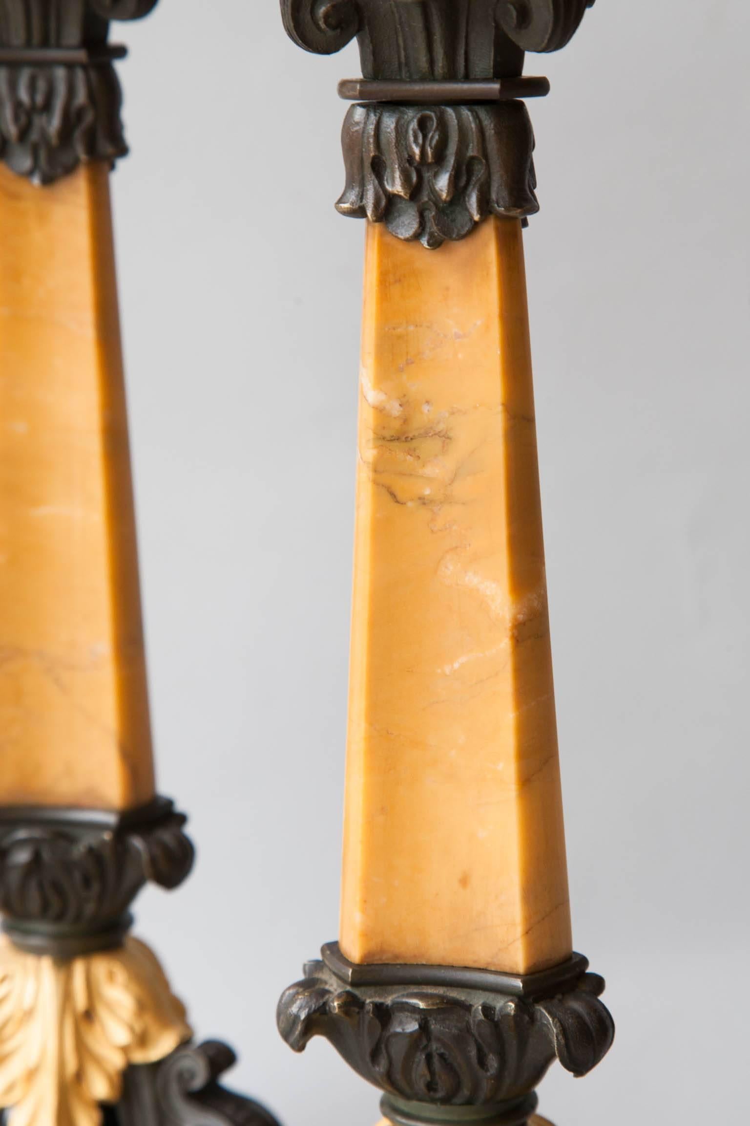 Pair of French Restauration Sienna Marble, Patinated and Gilt Bronze Candlestick For Sale 5