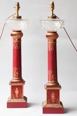 Pair of Large 19th Century Red Painted Tôle Oil Lamps Converted to Table Lamps