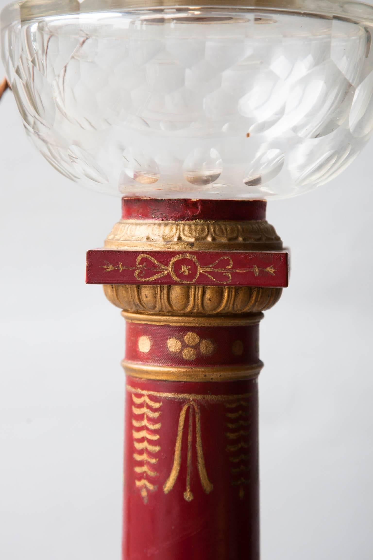 Bronze Pair of Large 19th Century Red Painted Tôle Oil Lamps Converted to Table Lamps For Sale