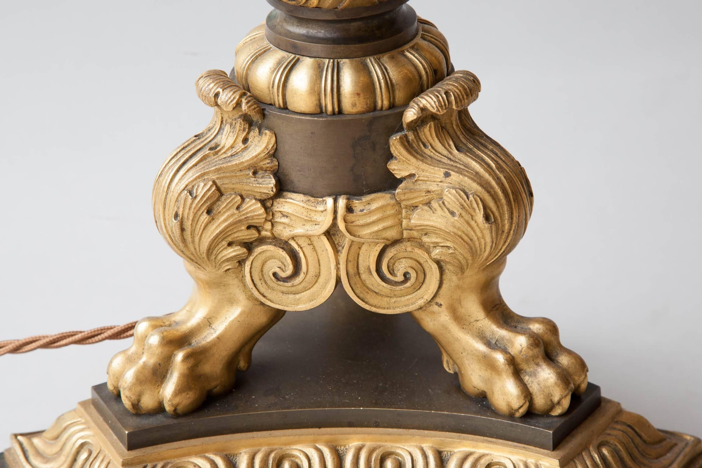 Large Empire Gilt and Patinated Bronze Table Lamp with Snake Decoration 2