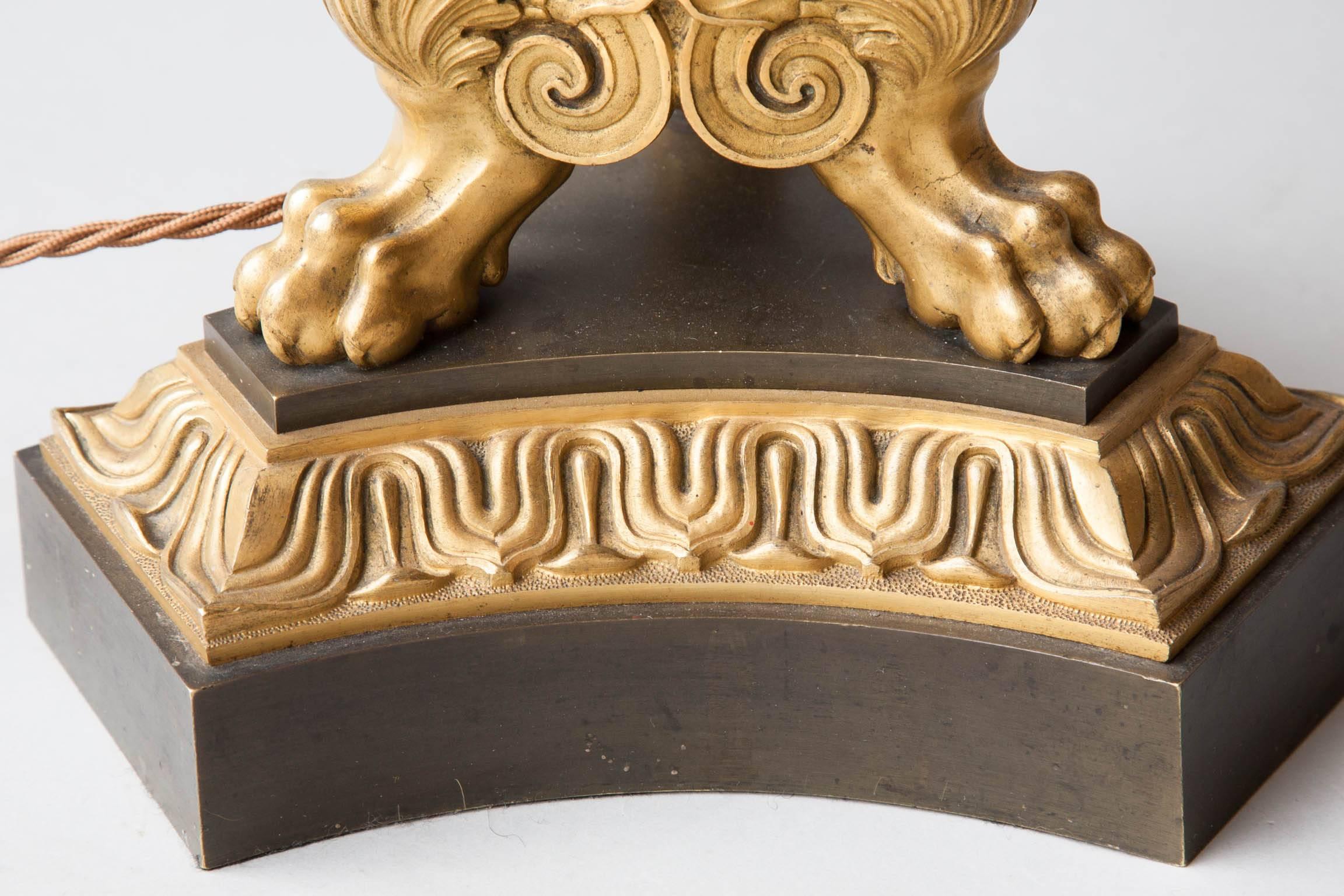 Large Empire Gilt and Patinated Bronze Table Lamp with Snake Decoration 3