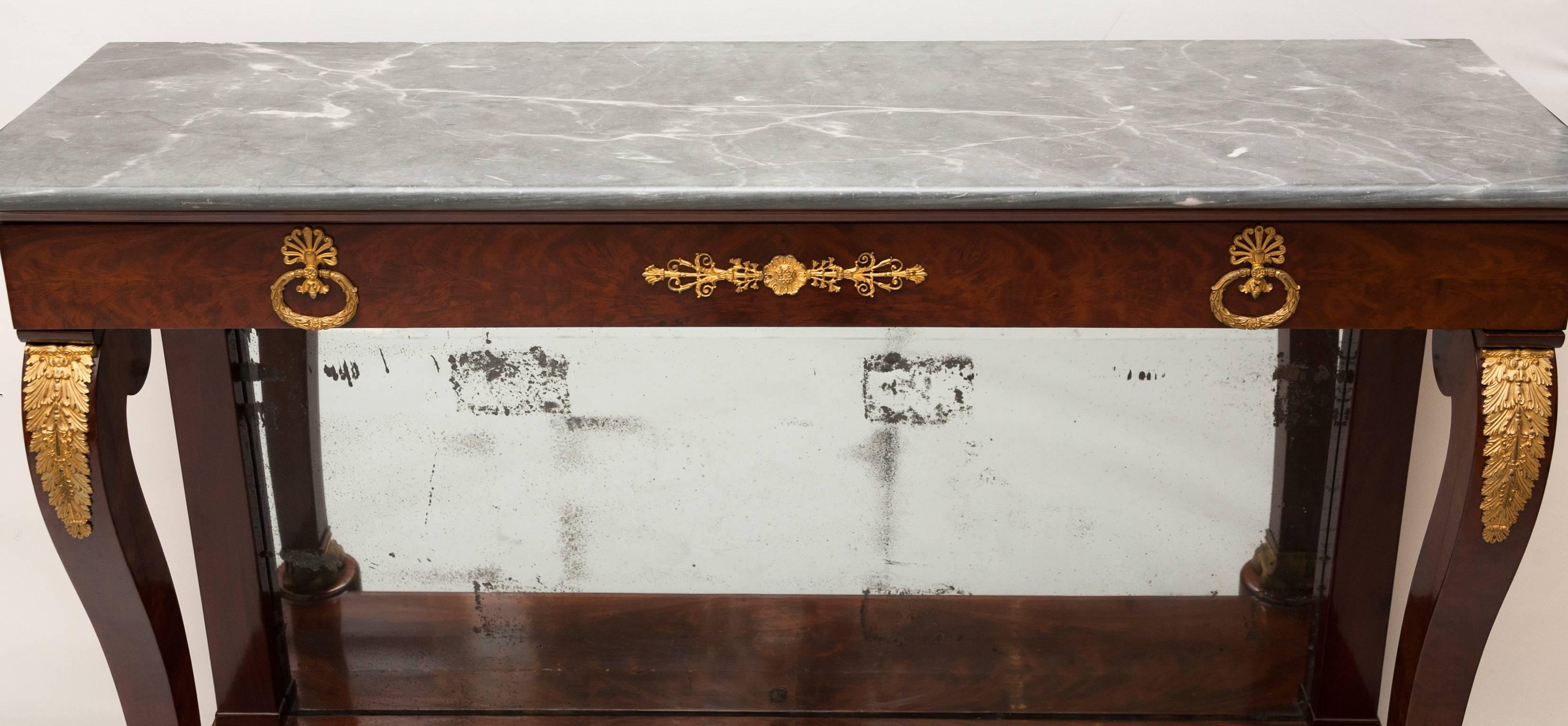 French Large Empire Period Flame Mahogany Console with Bleu Turquin Marble, circa 1815 For Sale