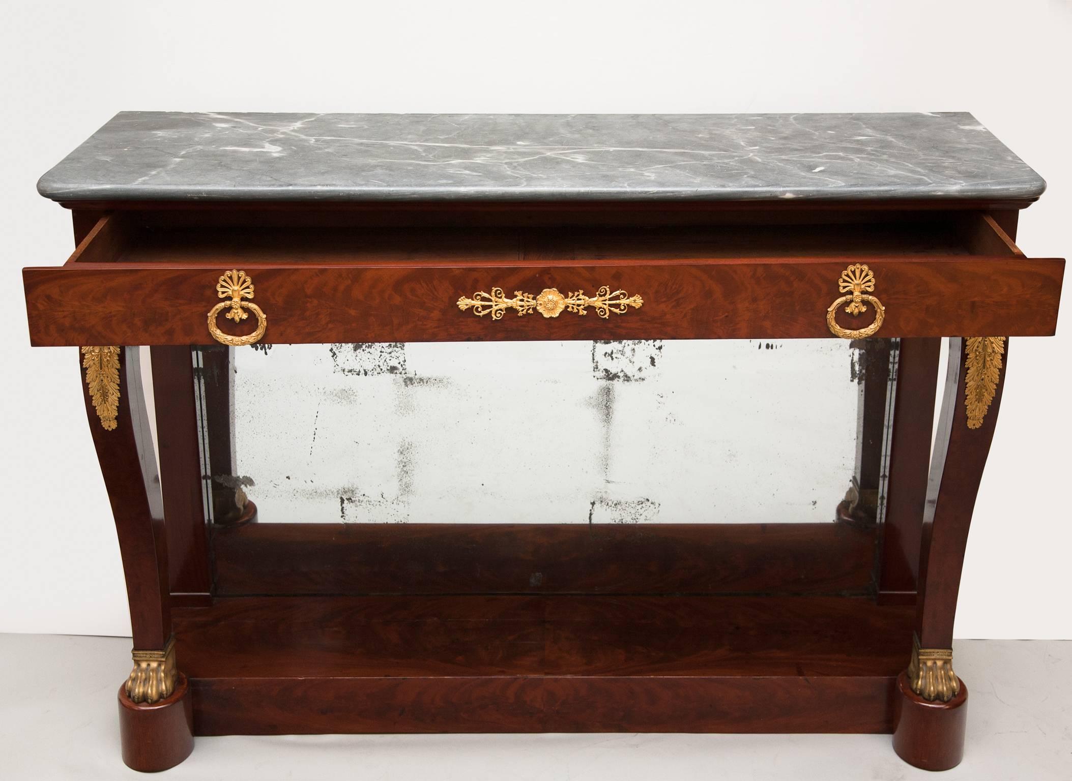 Early 19th Century Large Empire Period Flame Mahogany Console with Bleu Turquin Marble, circa 1815 For Sale