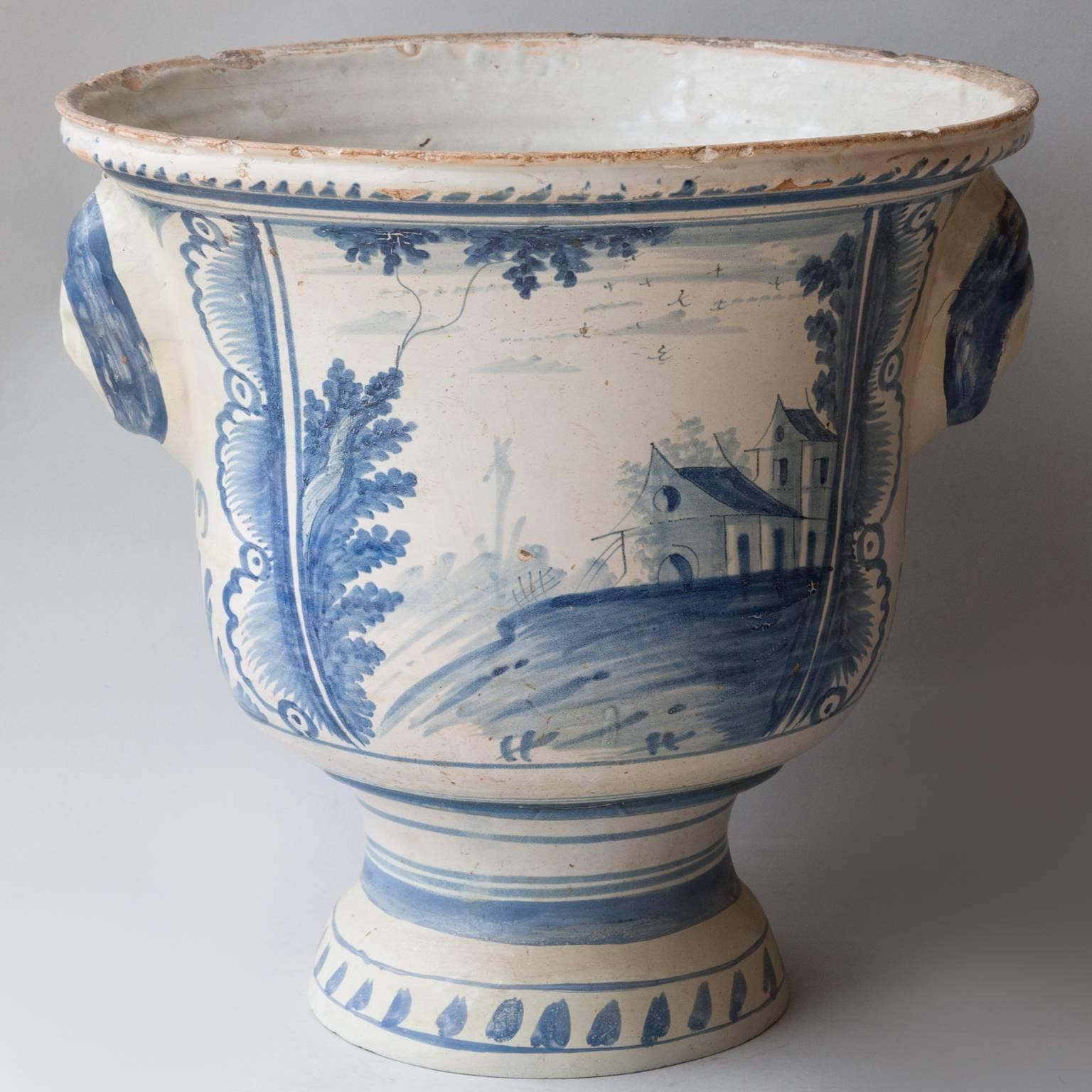 Louis XVI Large Late 18th-Early 19th Century Blue and White Faïence Jardiniere, Rouen For Sale