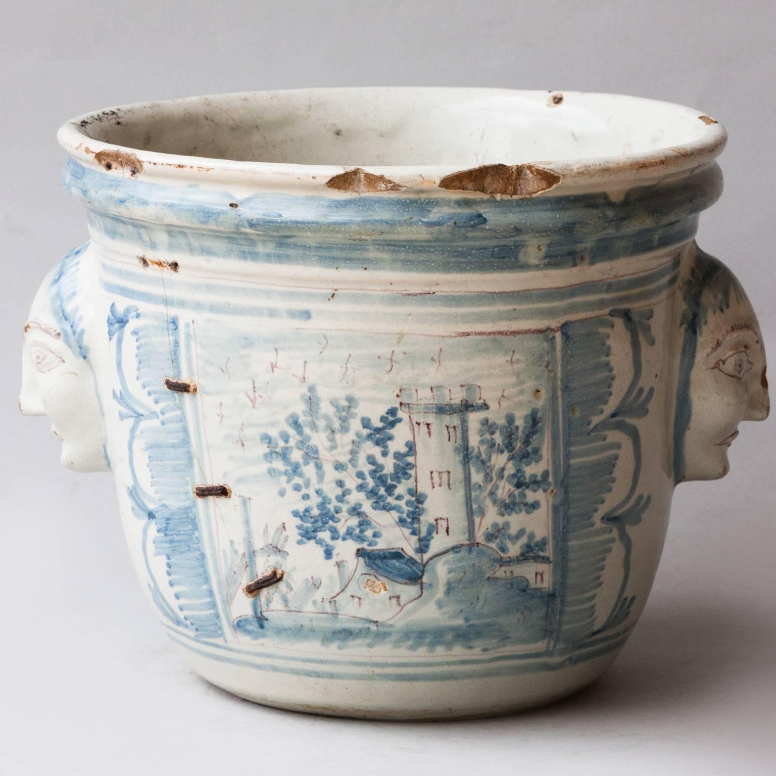 Louis XV 18th Century Blue and White Faïence Cache Pot from Nevers, France