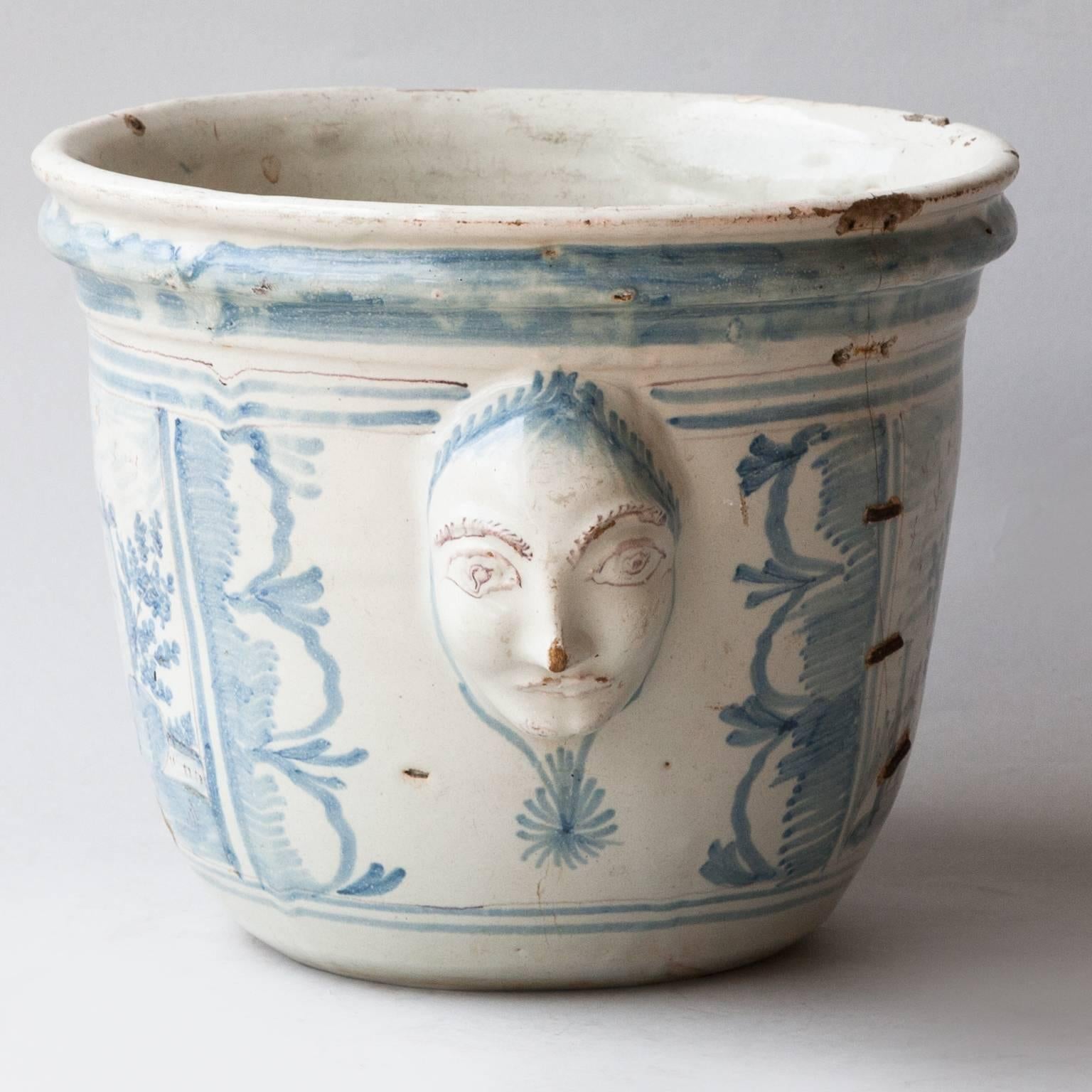 French 18th Century Blue and White Faïence Cache Pot from Nevers, France