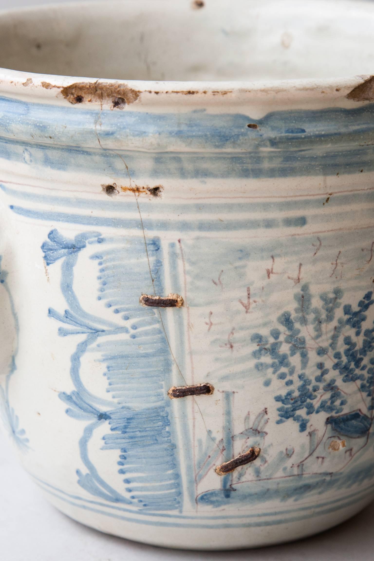 Mid-18th Century 18th Century Blue and White Faïence Cache Pot from Nevers, France