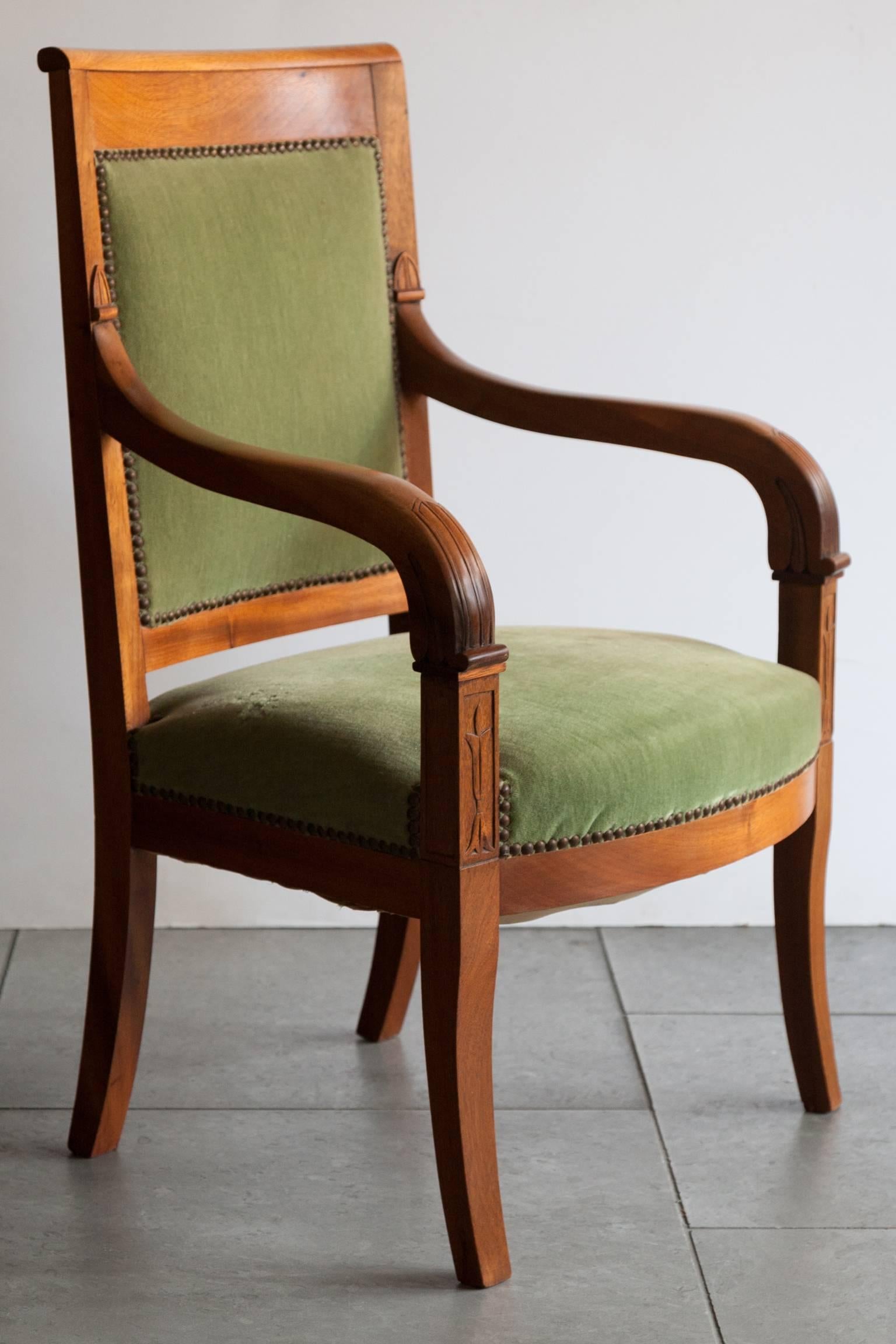 French Pair of Early 20th Century Restauration/Empire Style Chairs with Green Velvet For Sale