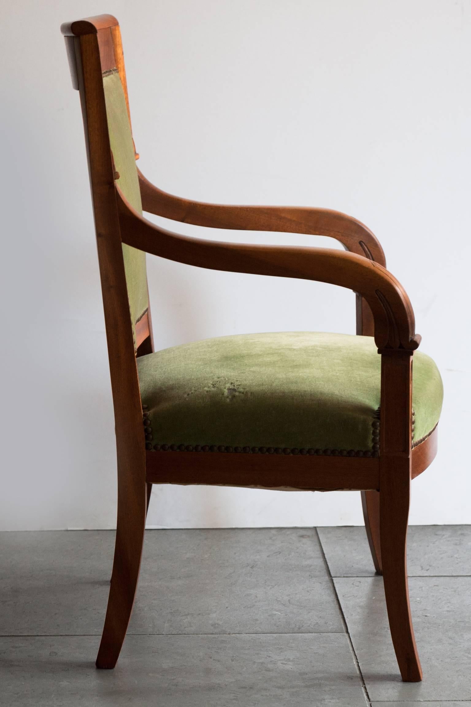 Pair of Early 20th Century Restauration/Empire Style Chairs with Green Velvet In Distressed Condition For Sale In London, GB