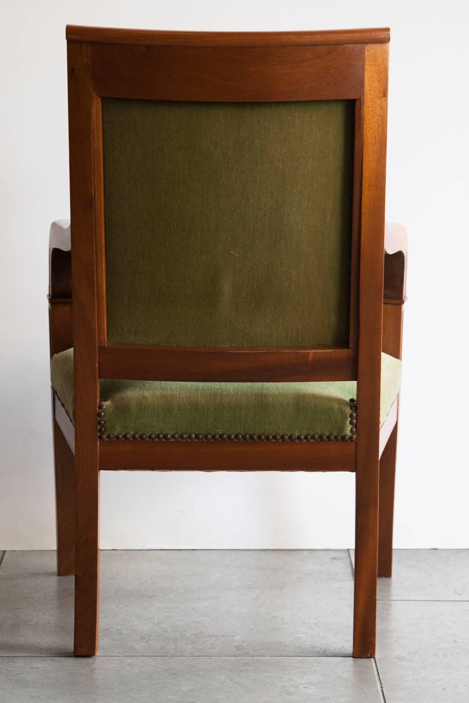 Pair of Early 20th Century Restauration/Empire Style Chairs with Green Velvet For Sale 1