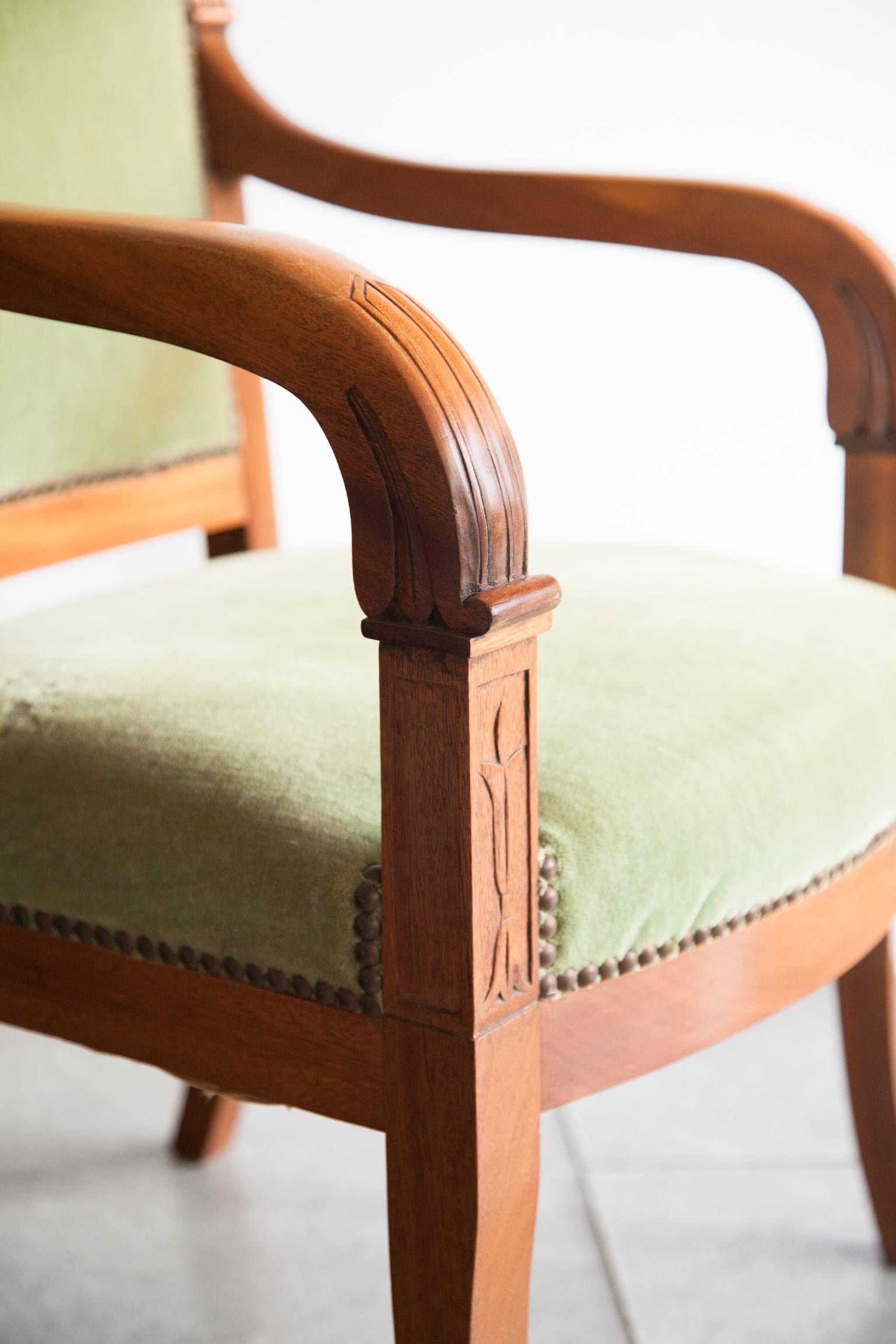 Pair of Early 20th Century Restauration/Empire Style Chairs with Green Velvet For Sale 3