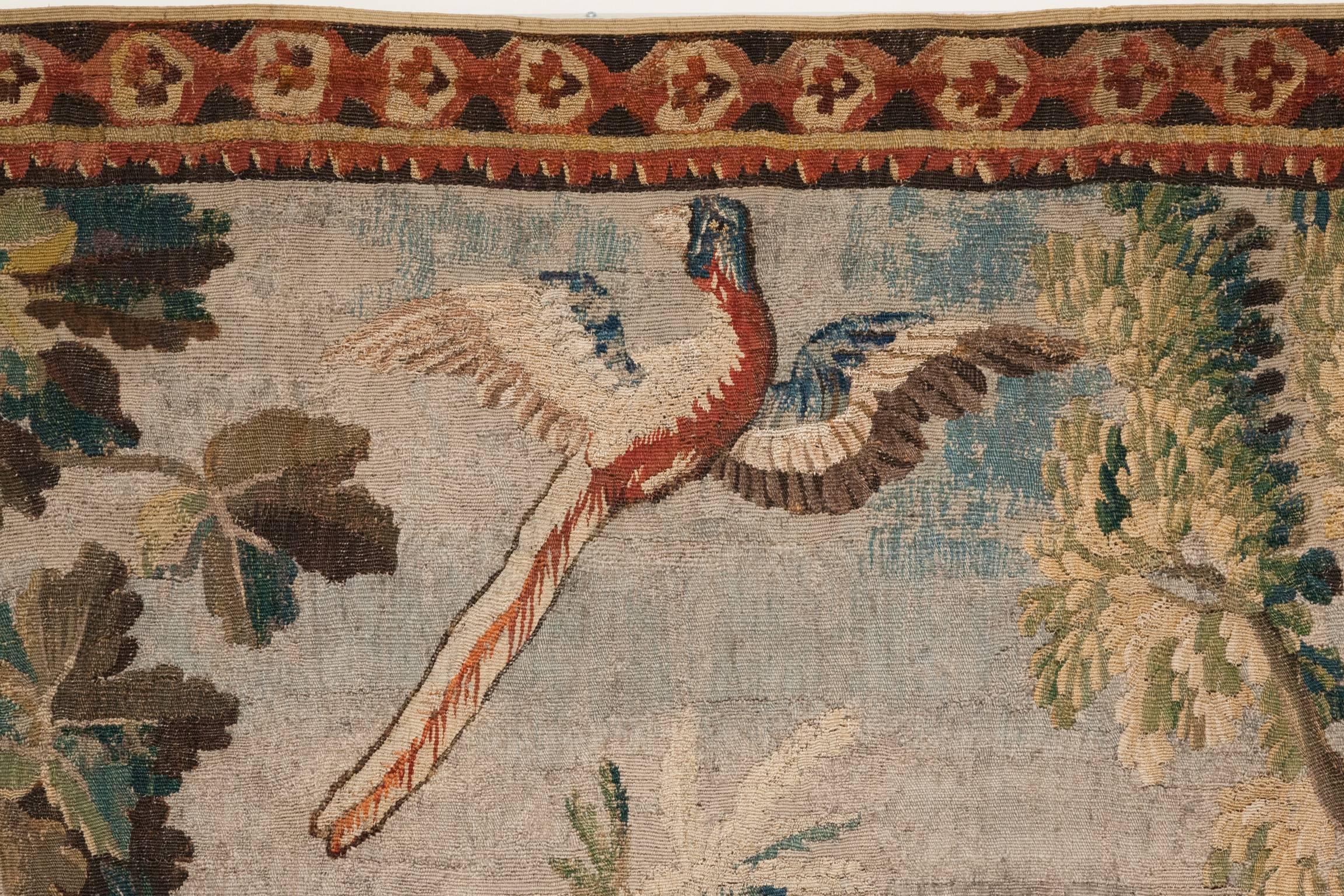 Wool 18th Century Aubusson Verdure Tapestry with Two Turkeys and an Exotic Bird