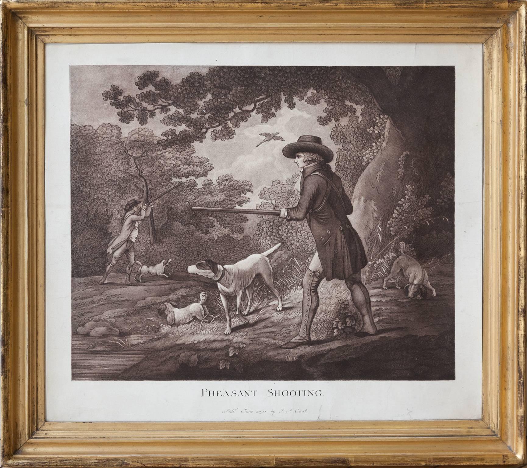 'Duck Shooting' and 'Pheasant Shooting', pair of late 18th century soft ground etchings.
Framed in 19th century gilt frames.
Published England, 1792.
 