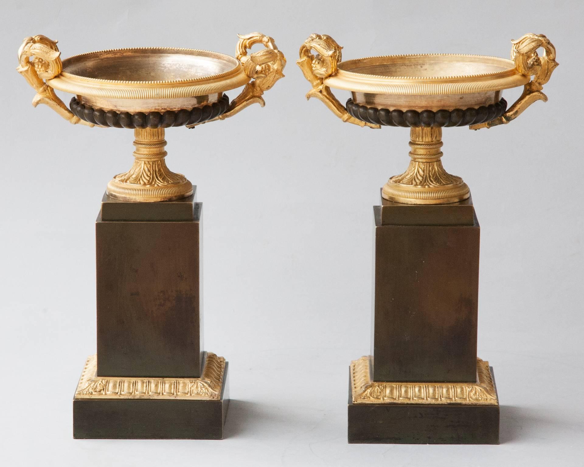 19th Century Pair of Restauration Period Gilt and Patinated Bronze Tazza Urns For Sale