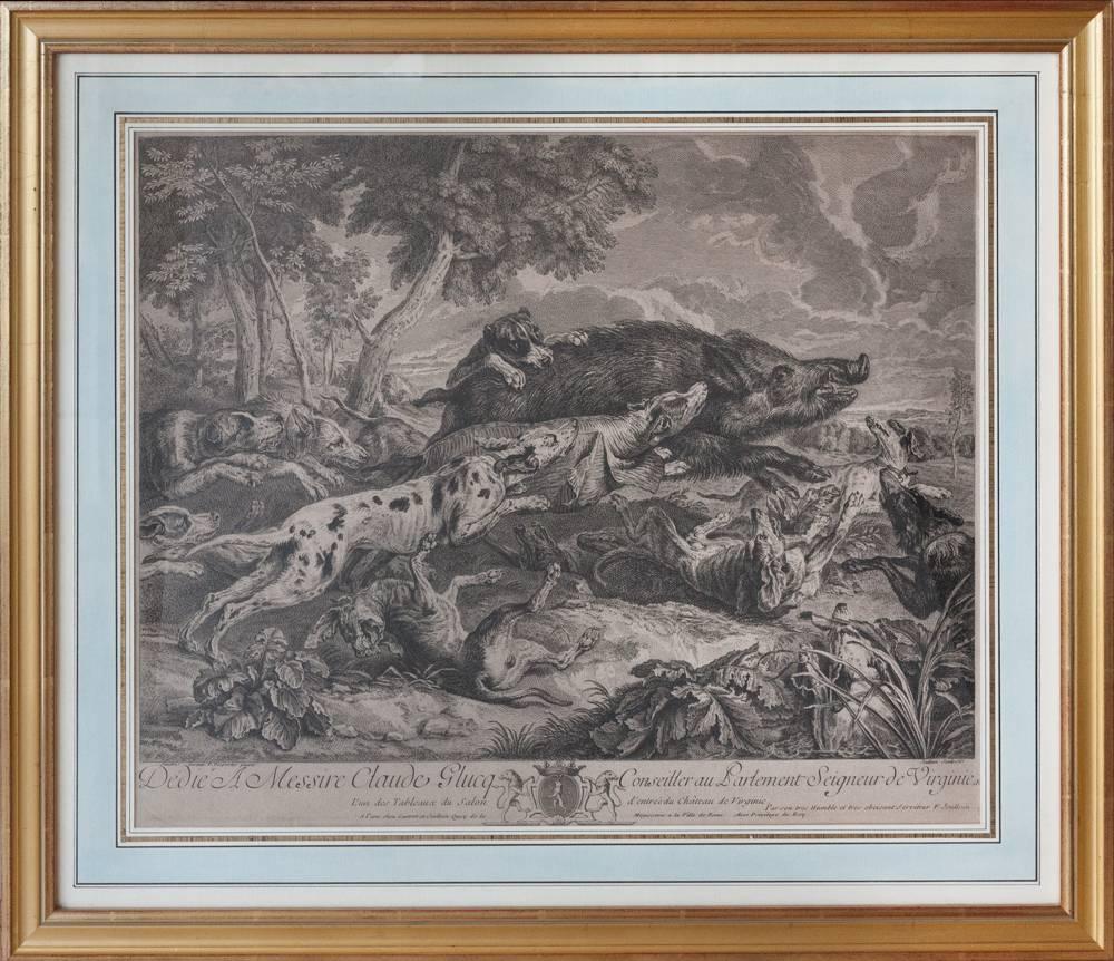 A pair of mid-18th century copper plate engravings after two paintings by Deportes of a wild boar hunt and a fox hunt with dogs. Both engraved by F. Joullain and dedicated to 'Messire Claude Glucq Conseiller au Partement Seigneur de