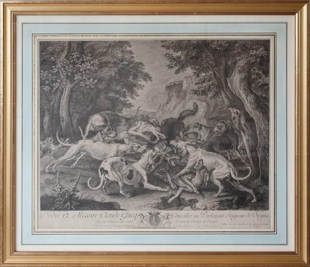 Louis XV Pair of 18th Century Sporting Prints after Paintings by Deportes in Gilt Frames