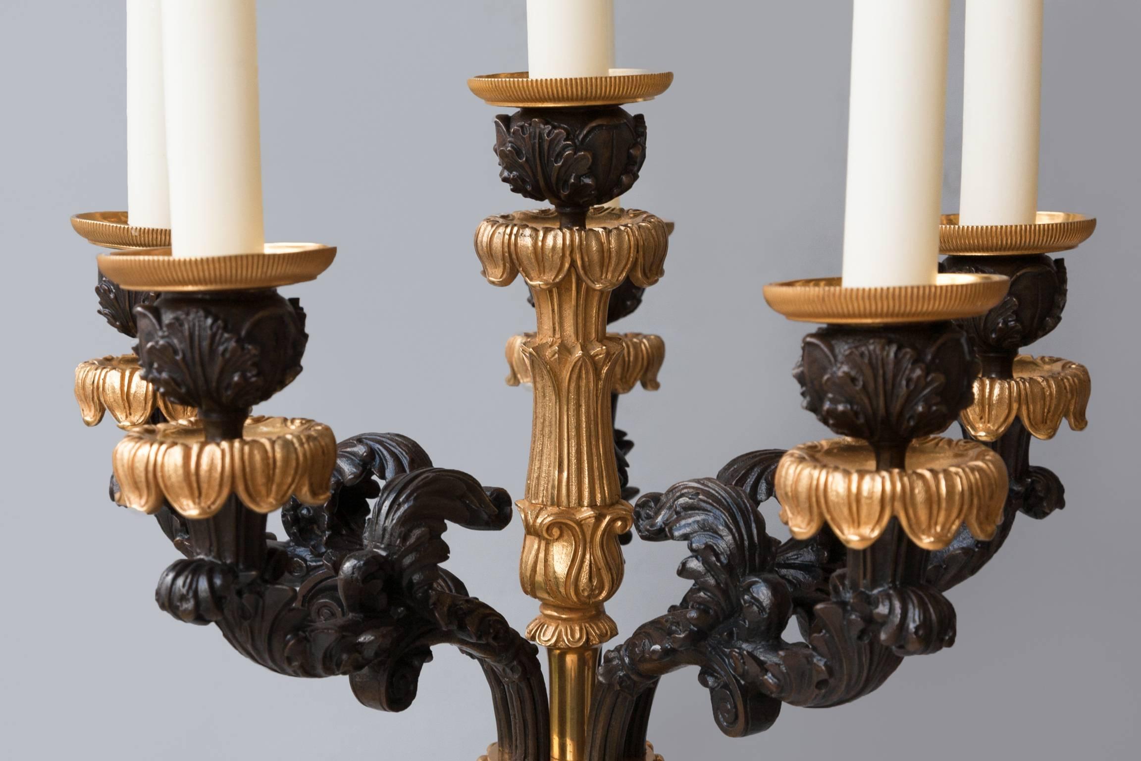 French Pair of 19th Century Restauration Gilt and Patinated Bronze Six-Light Candelabra For Sale