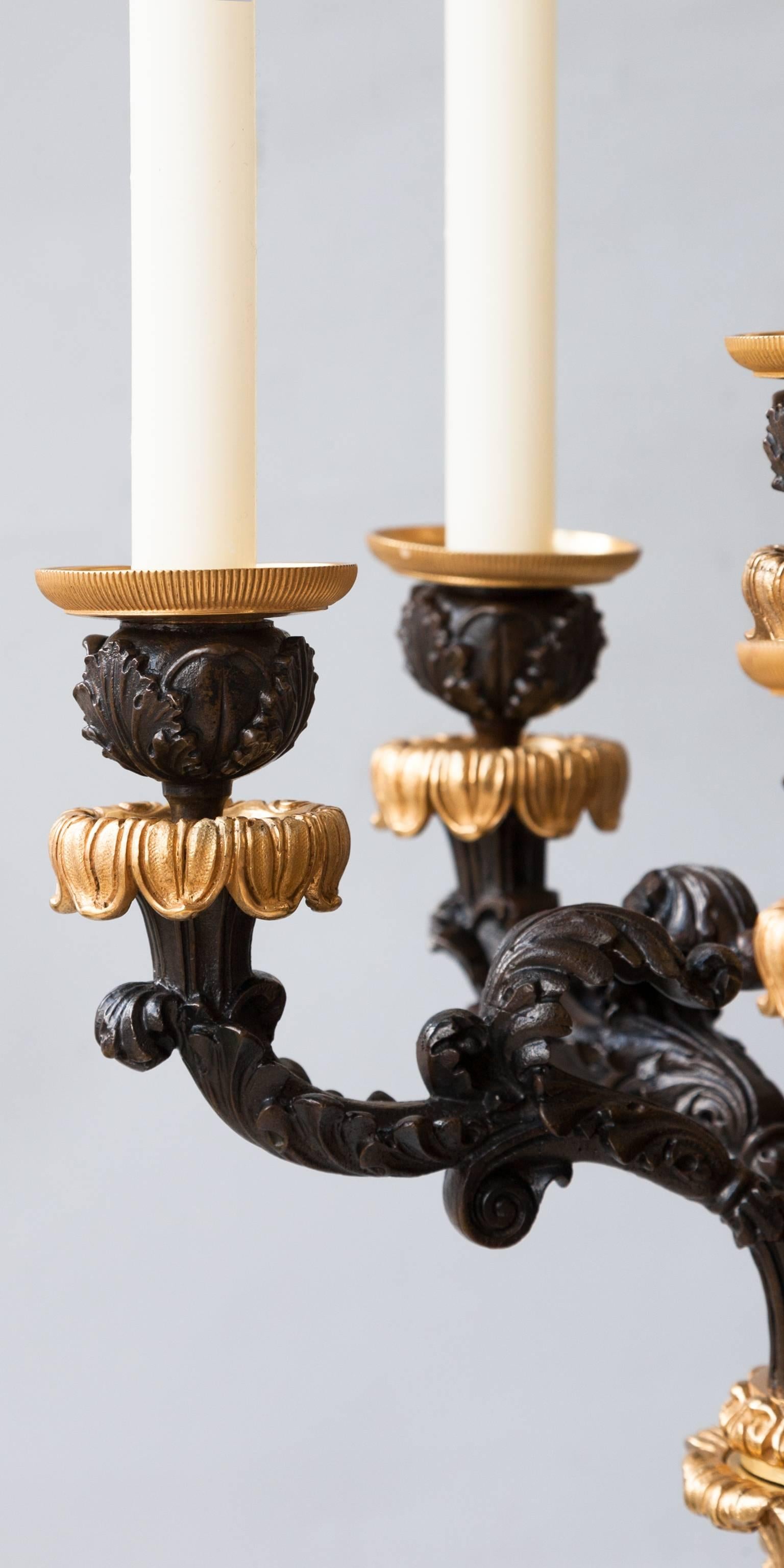 Pair of 19th Century Restauration Gilt and Patinated Bronze Six-Light Candelabra In Excellent Condition For Sale In London, GB