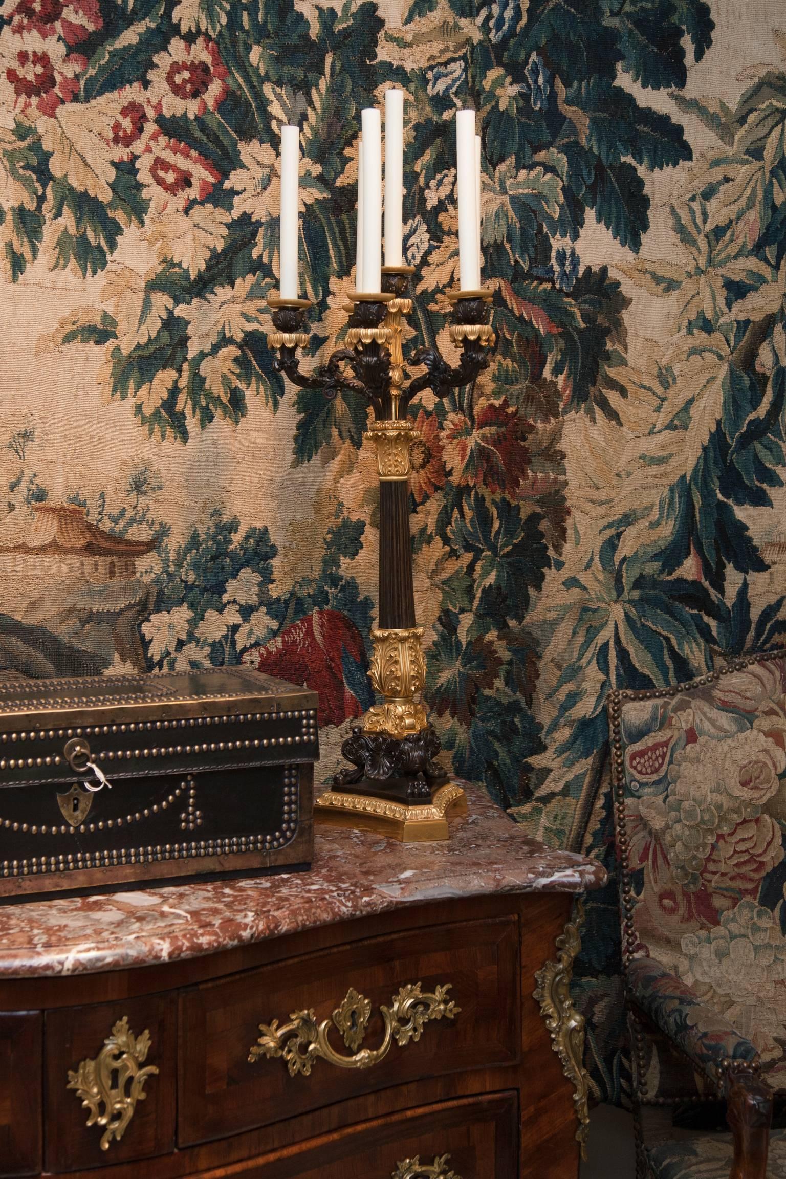 Pair of 19th Century Restauration Gilt and Patinated Bronze Six-Light Candelabra For Sale 5