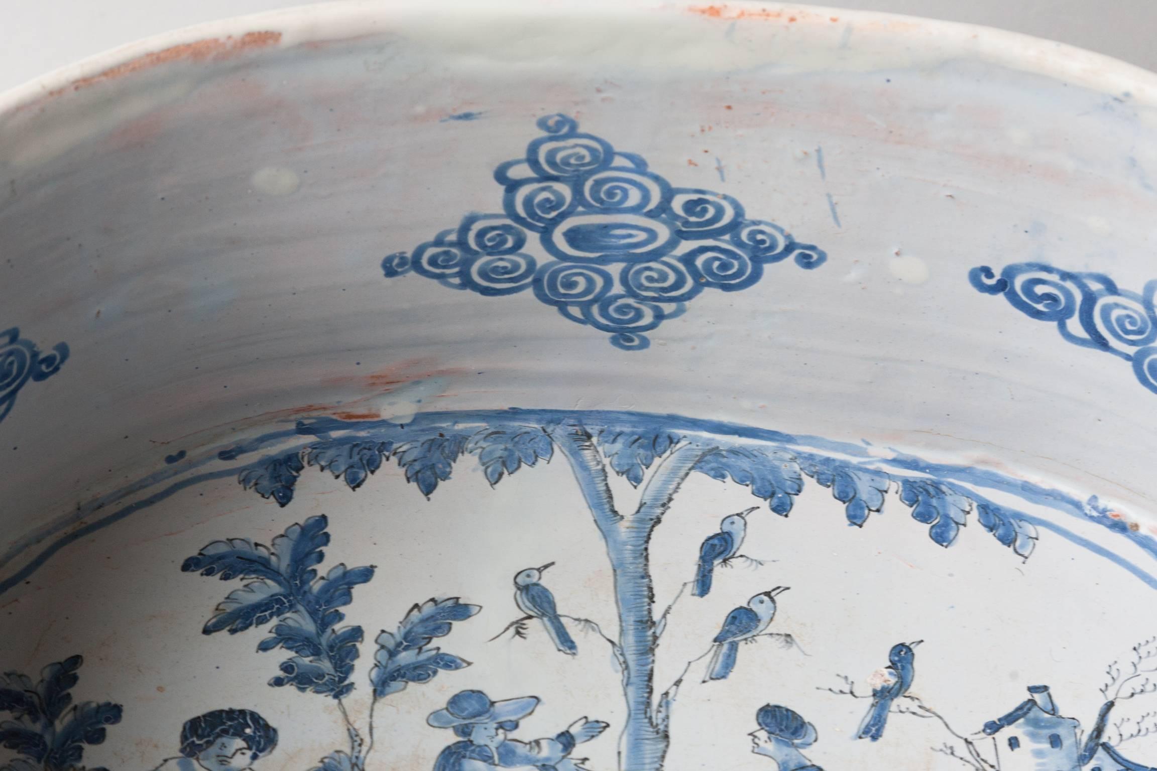 Louis XIV Rare Nevers Two Handled Chinoiserie Blue and White Faience Jardiniere For Sale
