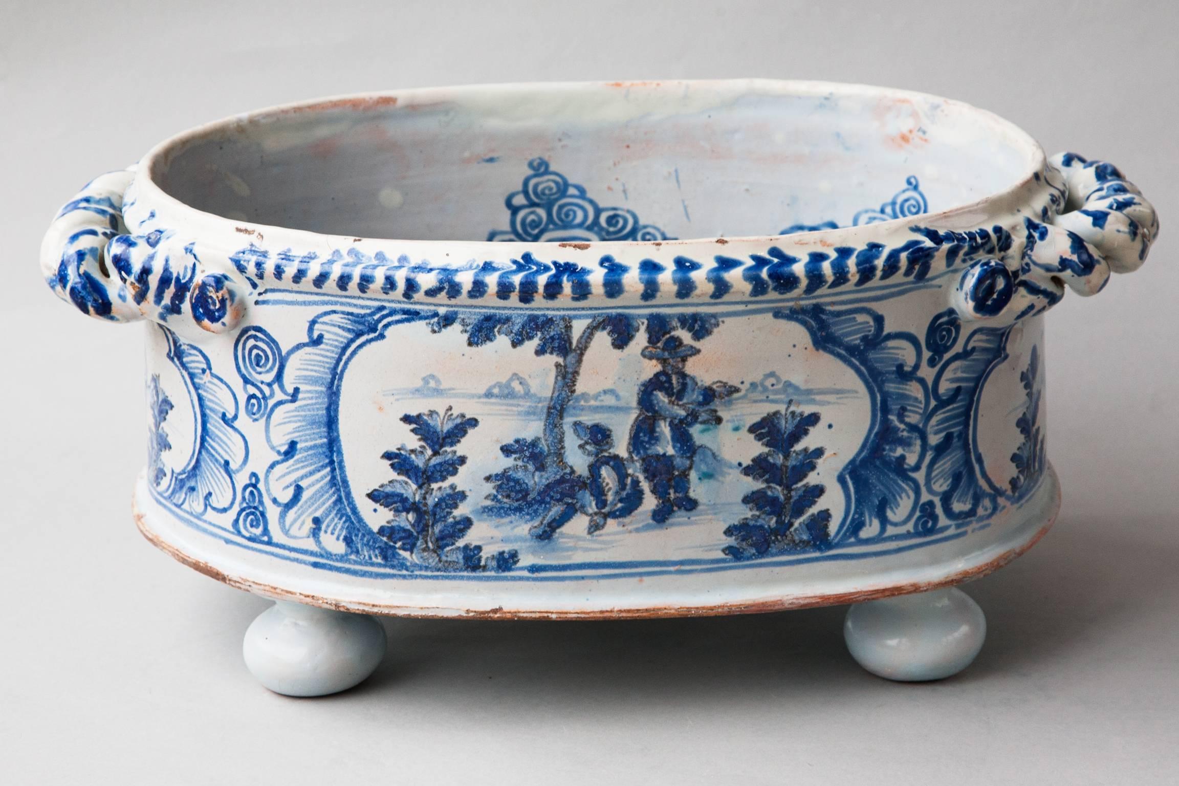 French Rare Nevers Two Handled Chinoiserie Blue and White Faience Jardiniere For Sale
