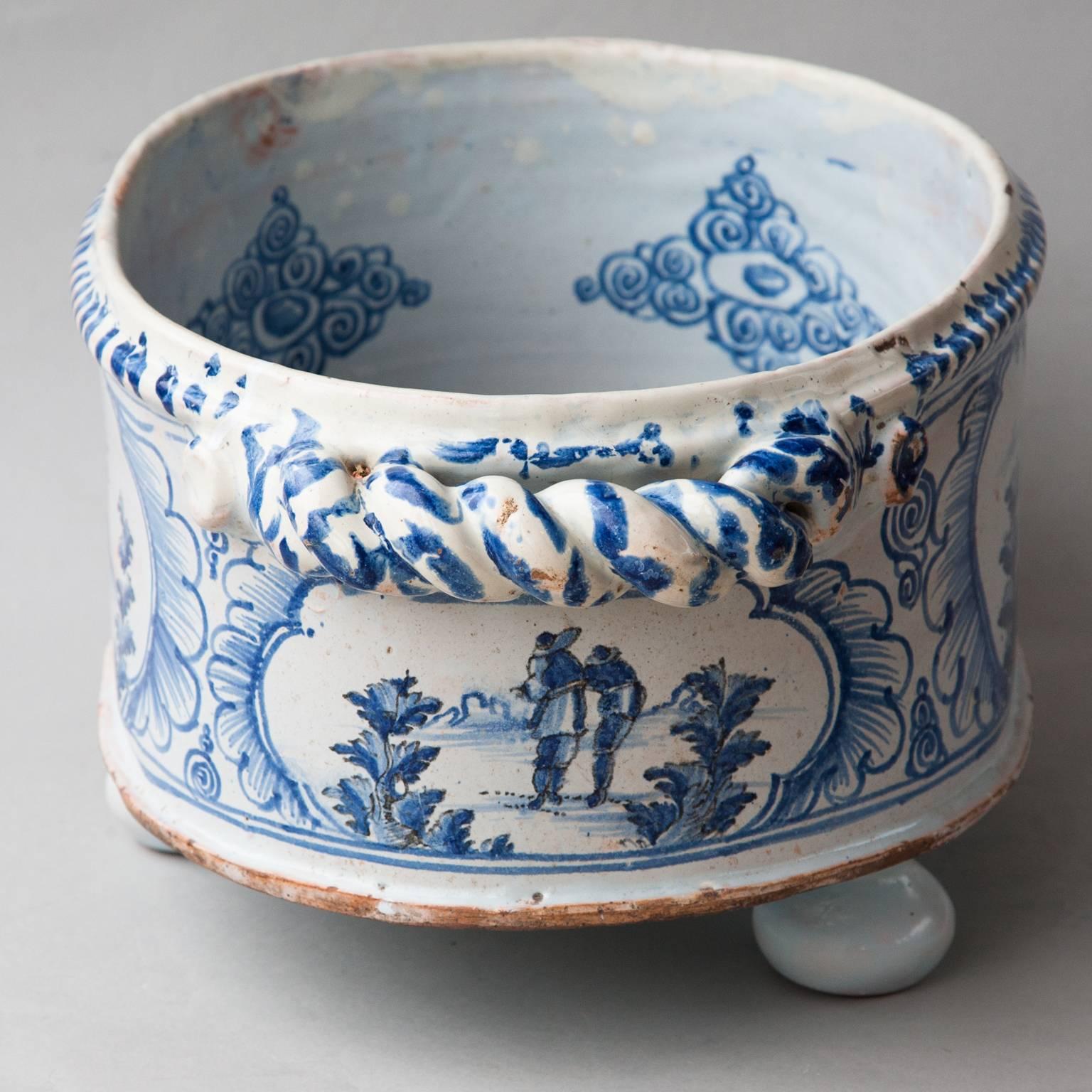Rare Nevers Two Handled Chinoiserie Blue and White Faience Jardiniere In Good Condition For Sale In London, GB