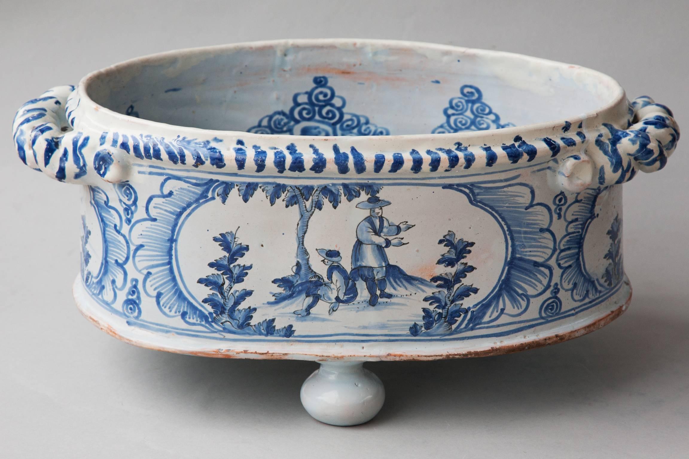 17th Century Rare Nevers Two Handled Chinoiserie Blue and White Faience Jardiniere For Sale