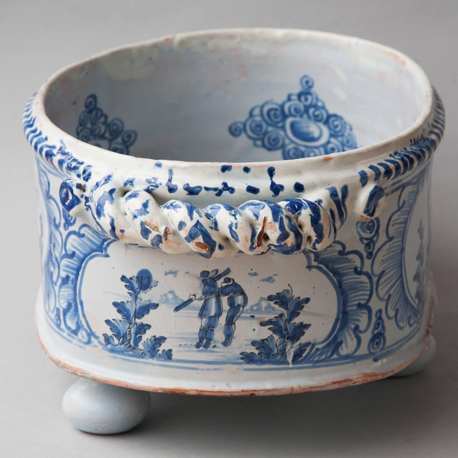 Rare Nevers Two Handled Chinoiserie Blue and White Faience Jardiniere For Sale 1